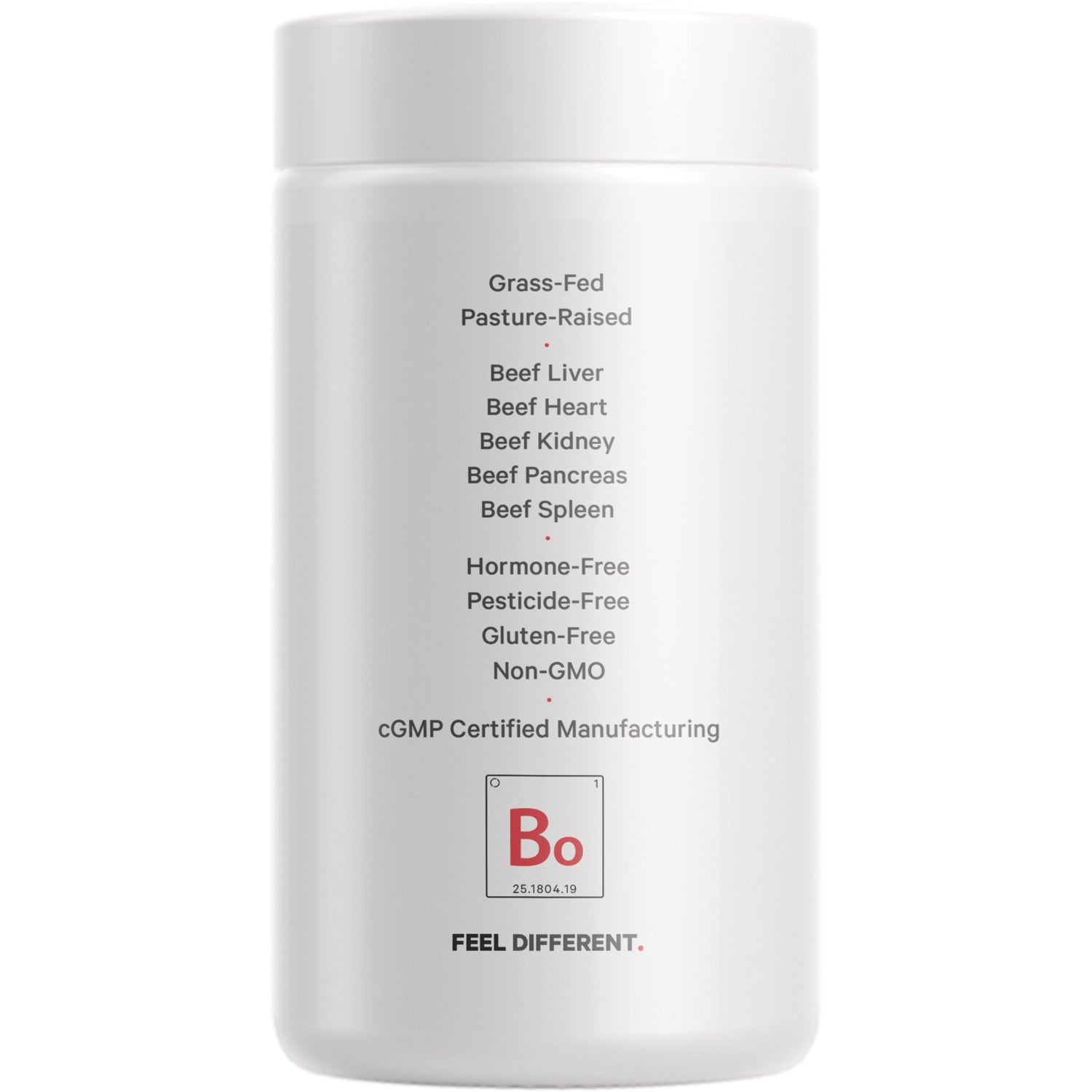 CDG024 | back label of white supplement bottle listing grass-fed pasture-raised beef liver heart kidney pancreas spleen and certifications