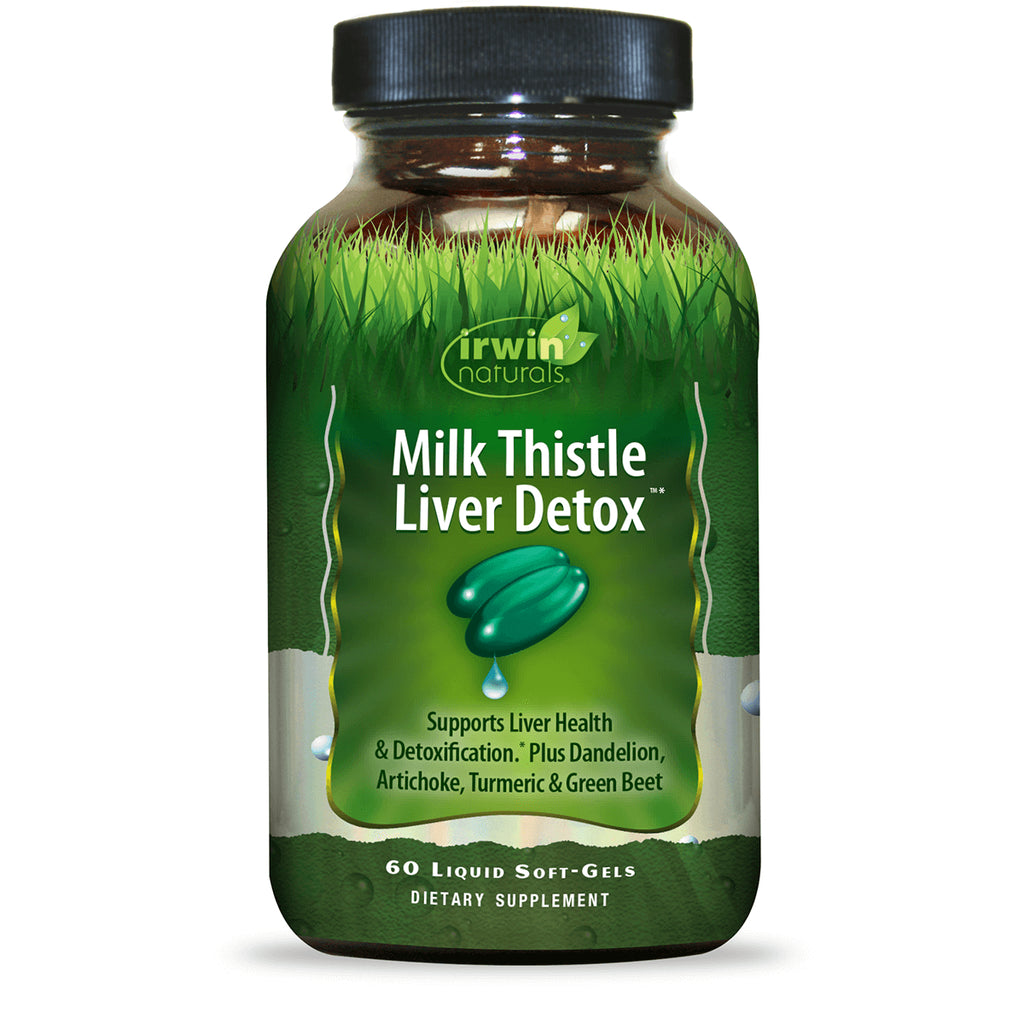 IR137 | Irwin Naturals Milk Thistle Liver Detox bottle front with green label and soft-gel illustration - Thumbnail