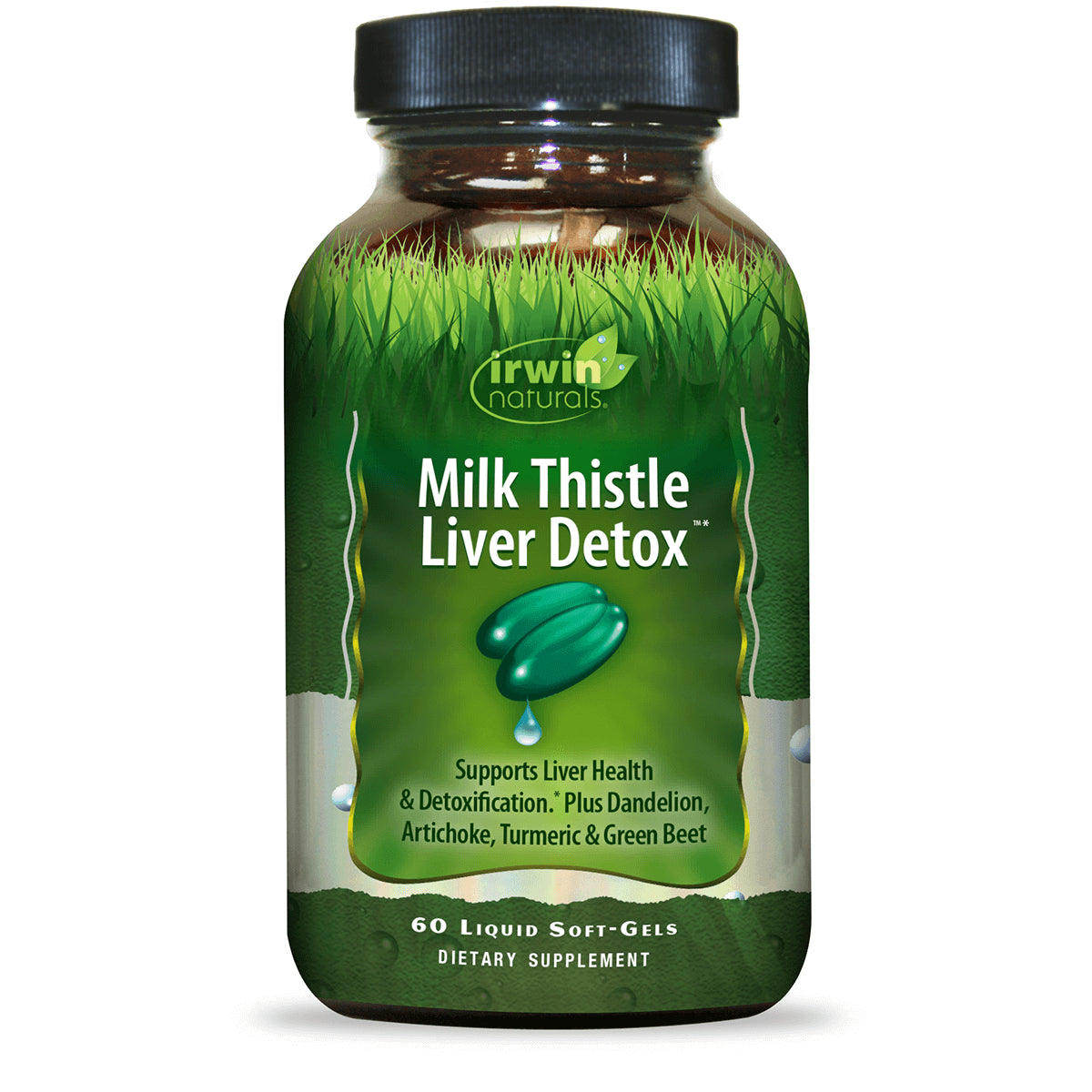 IR137 | Irwin Naturals Milk Thistle Liver Detox bottle front with green label and soft-gel illustration
