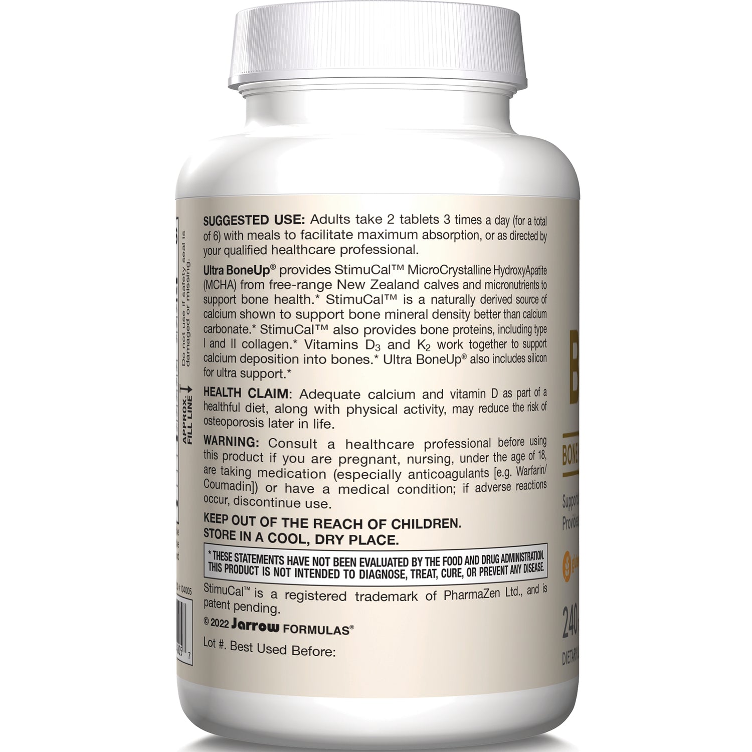JR293 | Back label of white supplement bottle showing suggested use, warnings, and storage instructions