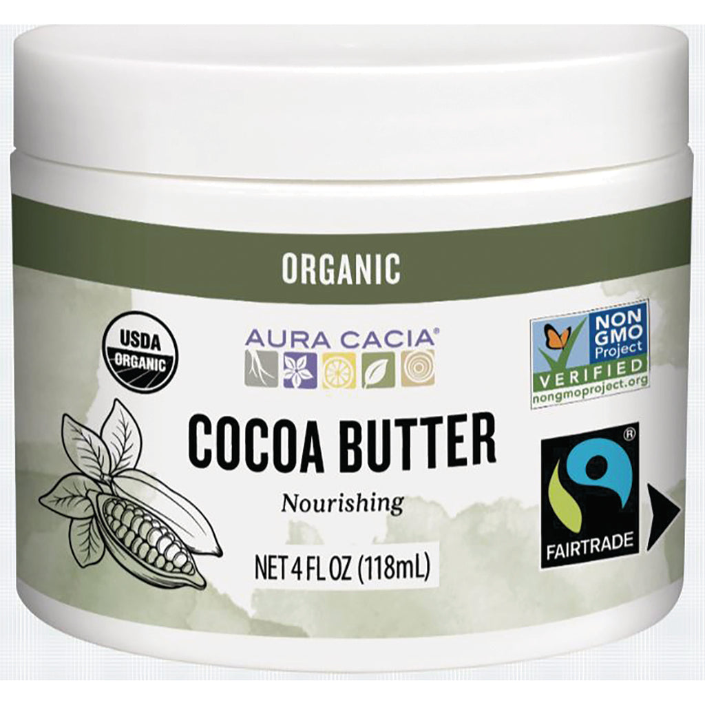 ARC186 | Aura Cacia organic cocoa butter jar, nourishing 4 fl oz with USDA Organic, Non-GMO Project Verified and Fairtrade logos - Thumbnail