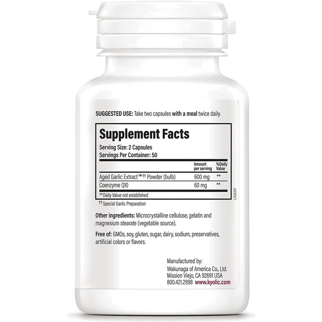 KY090 | Back label with Supplement Facts listing serving size 2 capsules, aged garlic extract 600 mg and Coenzyme Q10 60 mg - Thumbnail