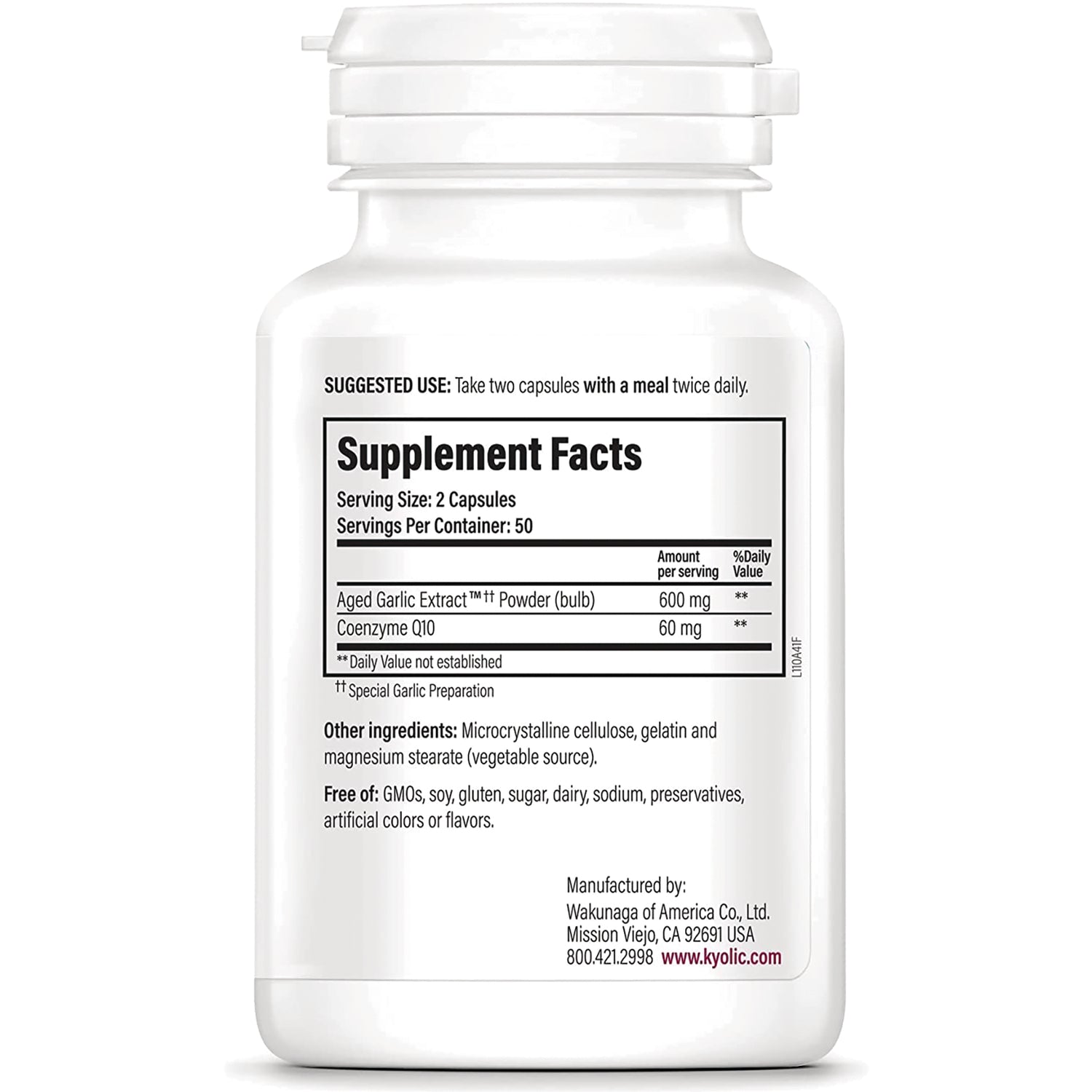KY090 | Back label with Supplement Facts listing serving size 2 capsules, aged garlic extract 600 mg and Coenzyme Q10 60 mg