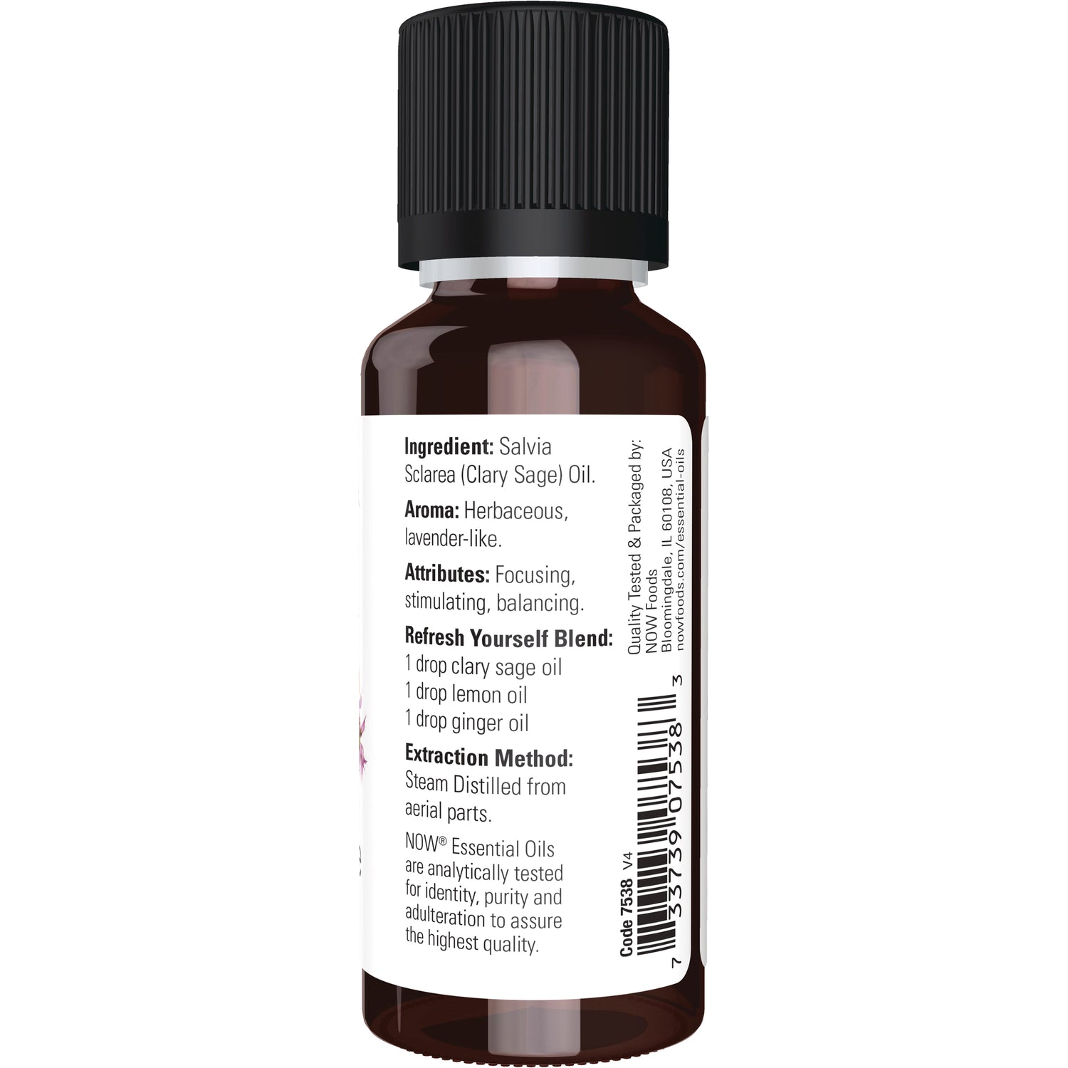 NWF1013 | Back label of amber essential oil bottle listing ingredient Salvia sclarea, aroma, attributes, refresh blend, extraction method and barcode