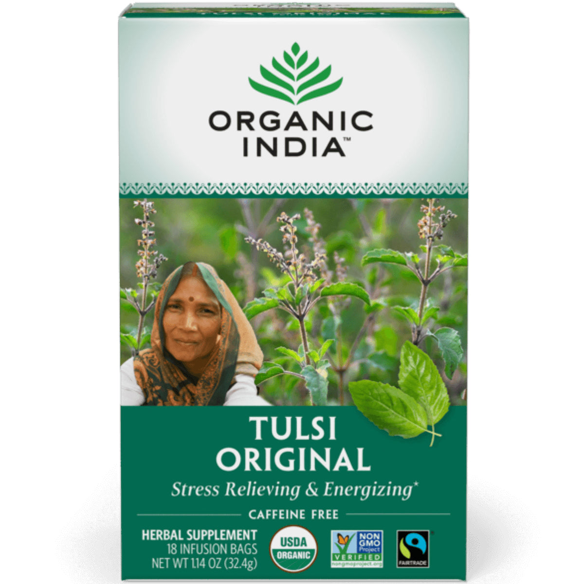 RGN001 | Organic India Tulsi Original herbal tea box front showing woman, tulsi leaves, caffeine free label