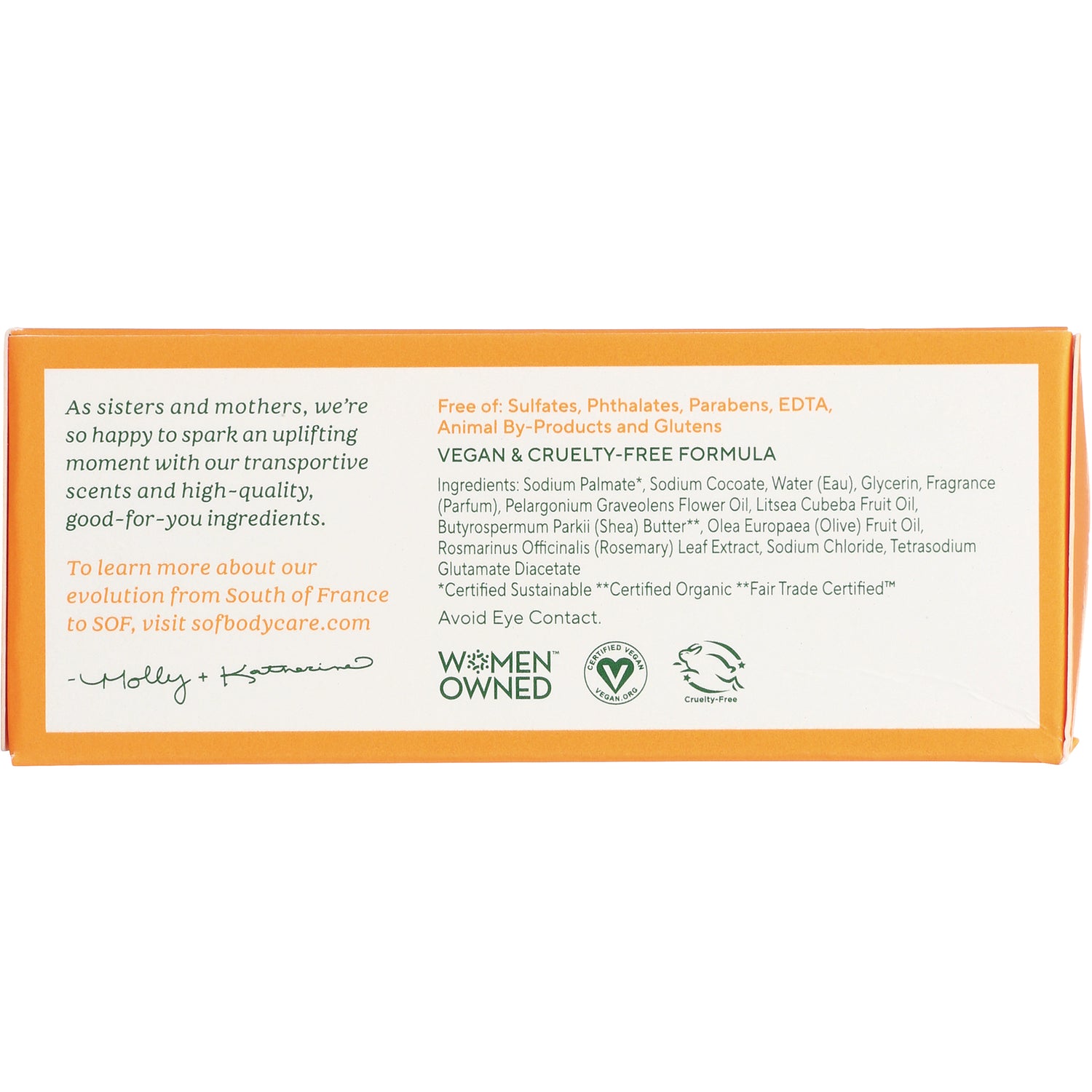 SOF011 | Back of soap box showing Vegan & Cruelty-Free Formula, ingredients, and Free of sulfates, phthalates, parabens