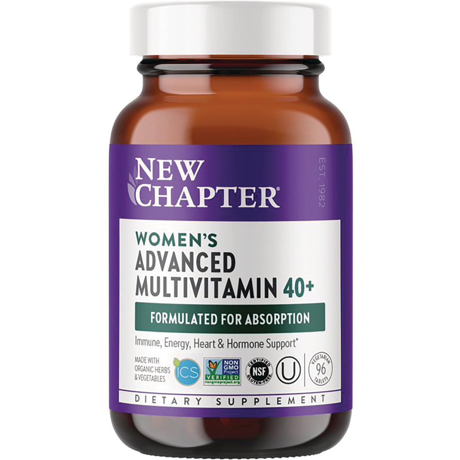 NWC142 | New Chapter Women's Advanced Multivitamin 40+ front label on amber supplement bottle formulated for absorption