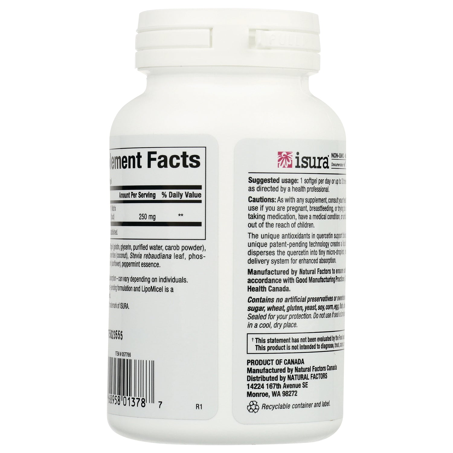 NFC185 | Back label of white supplement bottle showing supplement facts panel, cautions, barcode and manufacturer info