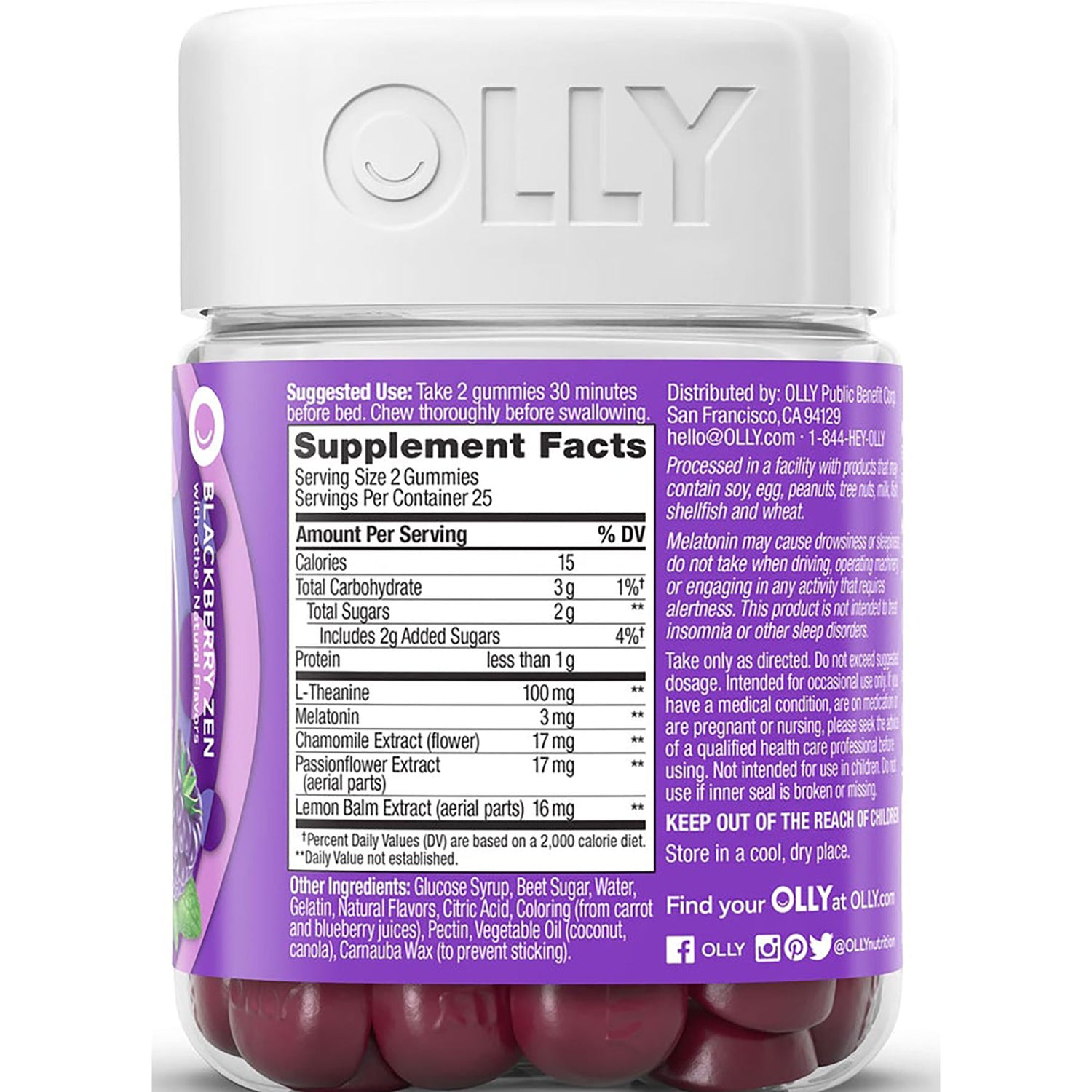 OLY008 | back of purple OLLY gummy bottle showing Supplement Facts panel and ingredients label