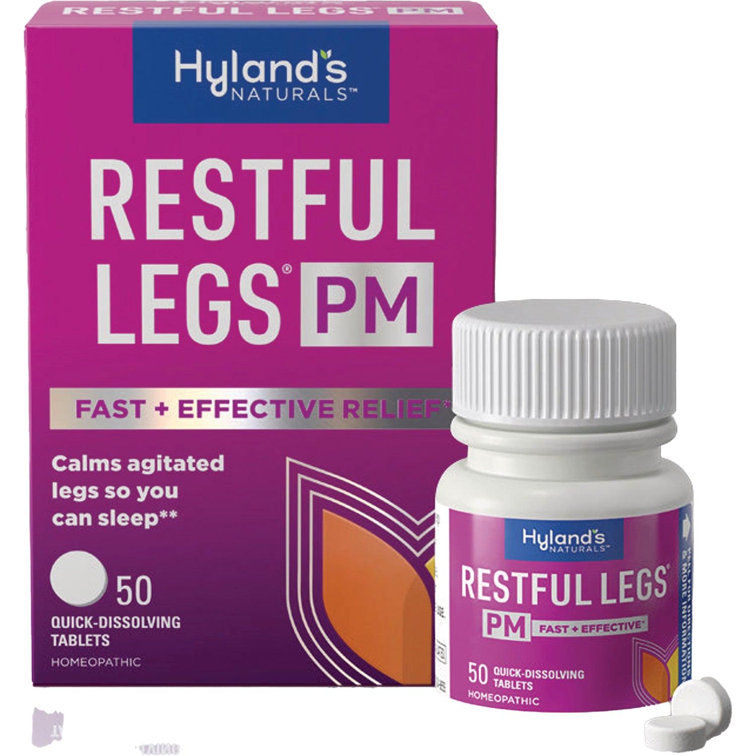 HY263 | Hyland's Restful Legs PM box and bottle with two tablets, 50 quick-dissolving tablets