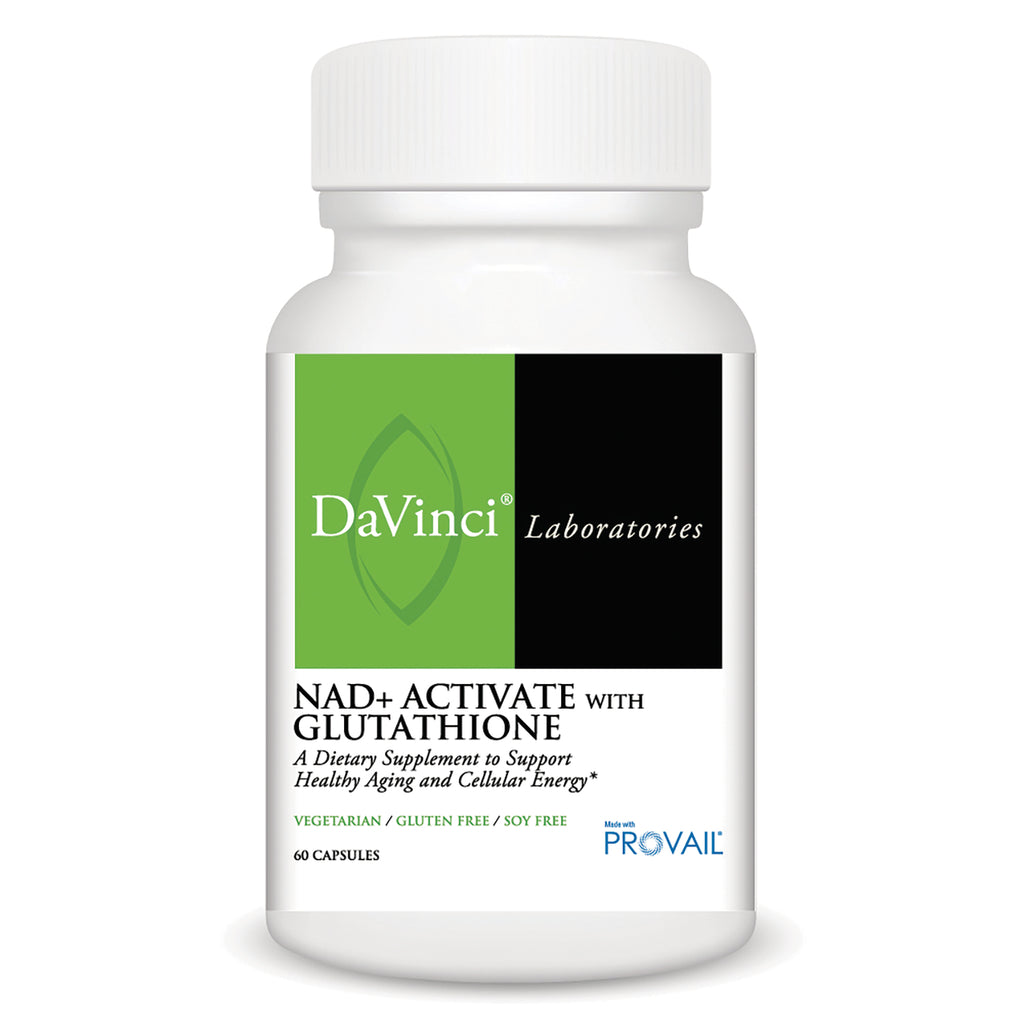DVL170 | White supplement bottle labeled DaVinci Laboratories NAD+ ACTIVATE WITH GLUTATHIONE, 60 capsules - Thumbnail