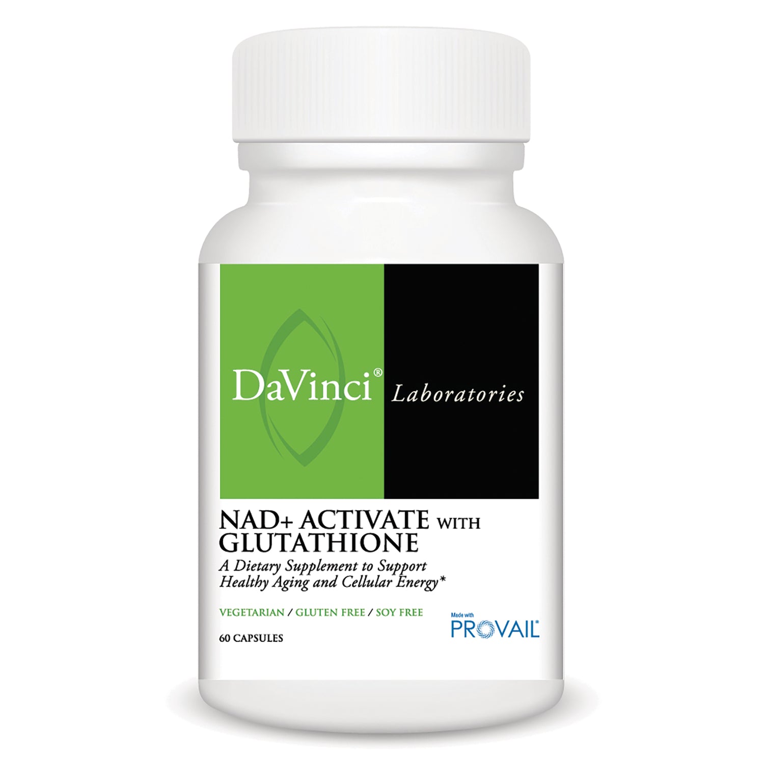 DVL170 | White supplement bottle labeled DaVinci Laboratories NAD+ ACTIVATE WITH GLUTATHIONE, 60 capsules
