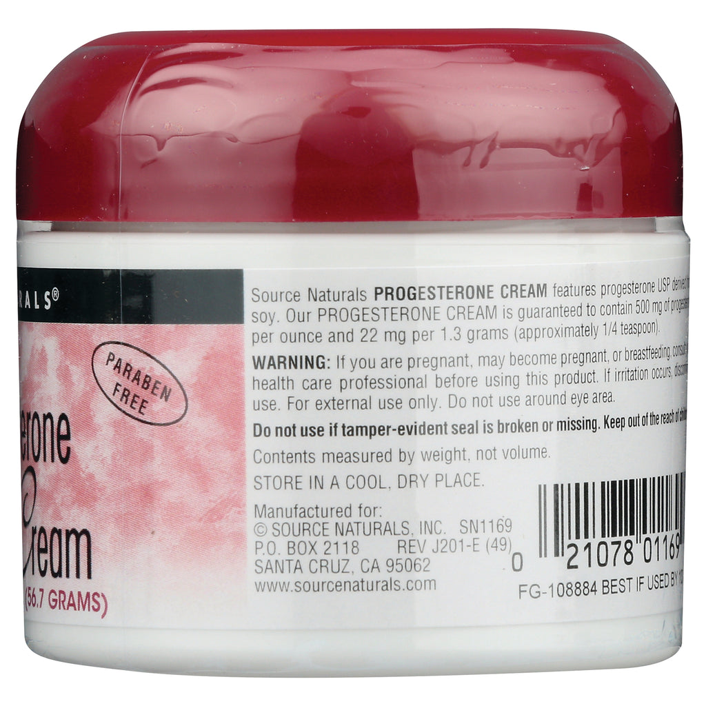 SN131 | Source Naturals progesterone cream label showing warning text, paraben free oval and barcode - Thumbnail