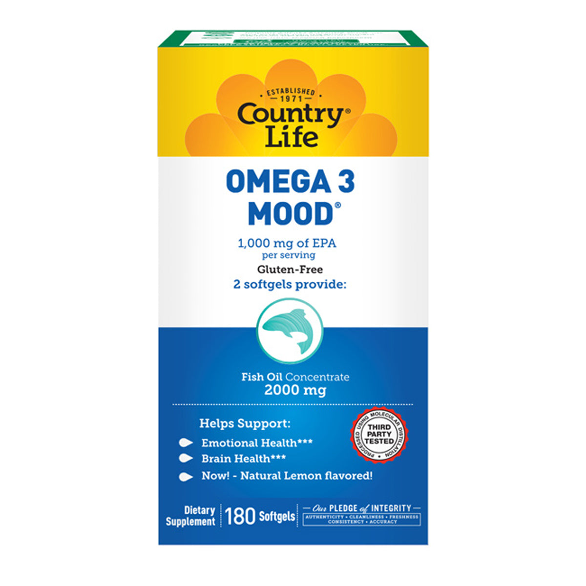 CRL394 | Country Life Omega 3 Mood front box showing 2000 mg fish oil concentrate and 180 softgels