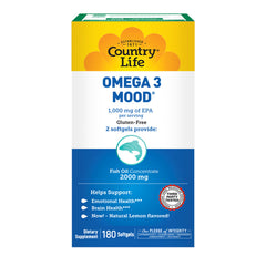 CRL394 | Country Life Omega 3 Mood front box showing 2000 mg fish oil concentrate and 180 softgels