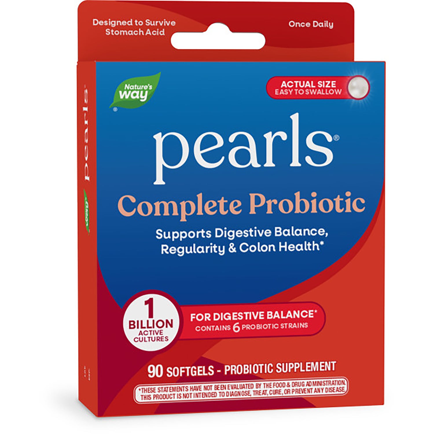 ET429 | Nature's Way Complete Probiotic pearls package, 90 softgels, front packaging showing product name and easy to swallow