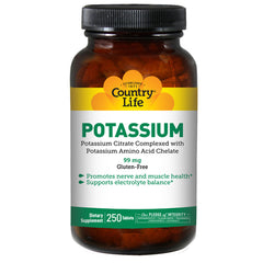 CRL434 | Country Life Potassium supplement bottle labeled POTASSIUM 99 mg gluten-free 250 tablets