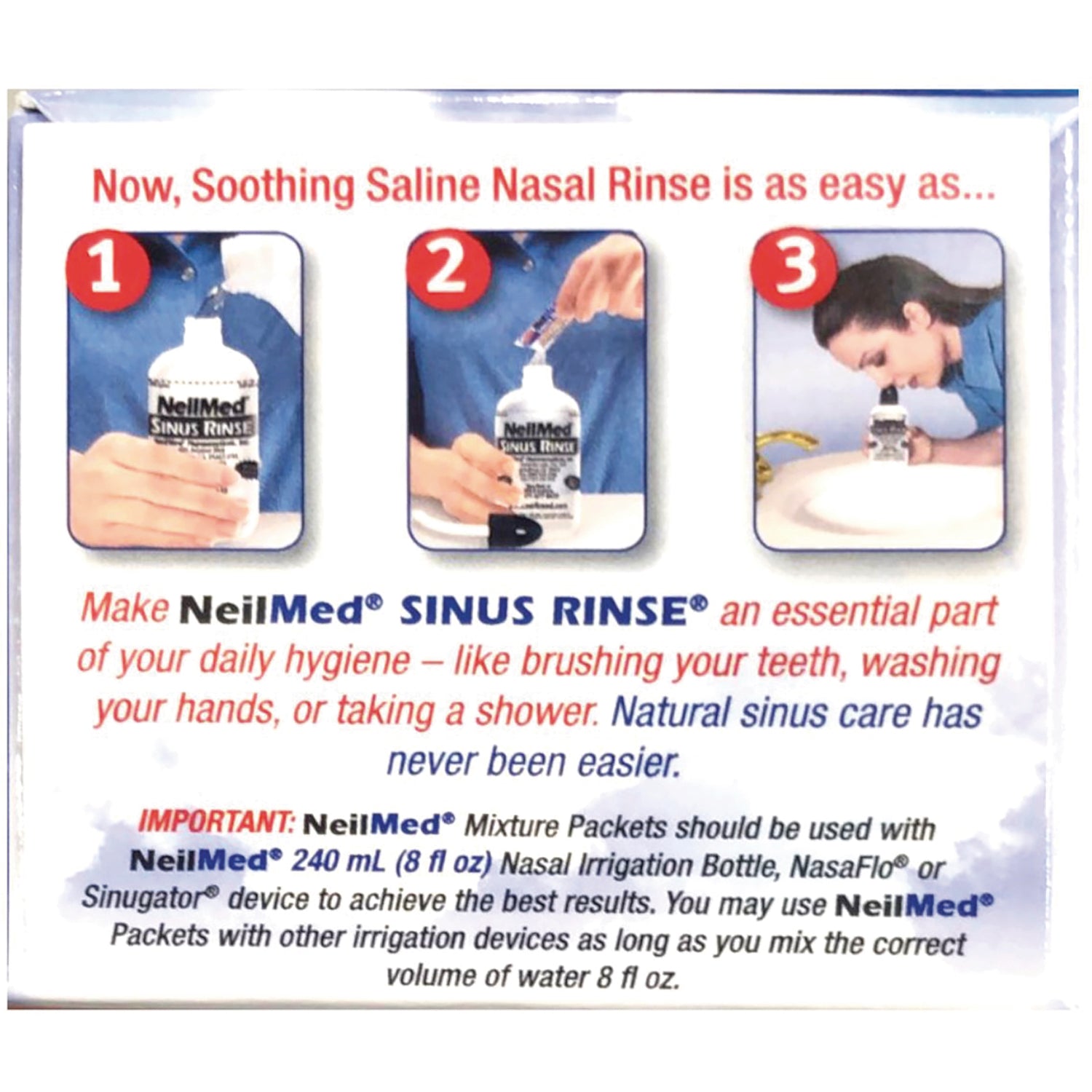 NMD006 | Three-panel infographic showing steps to mix and use NeilMed Sinus Rinse bottle
