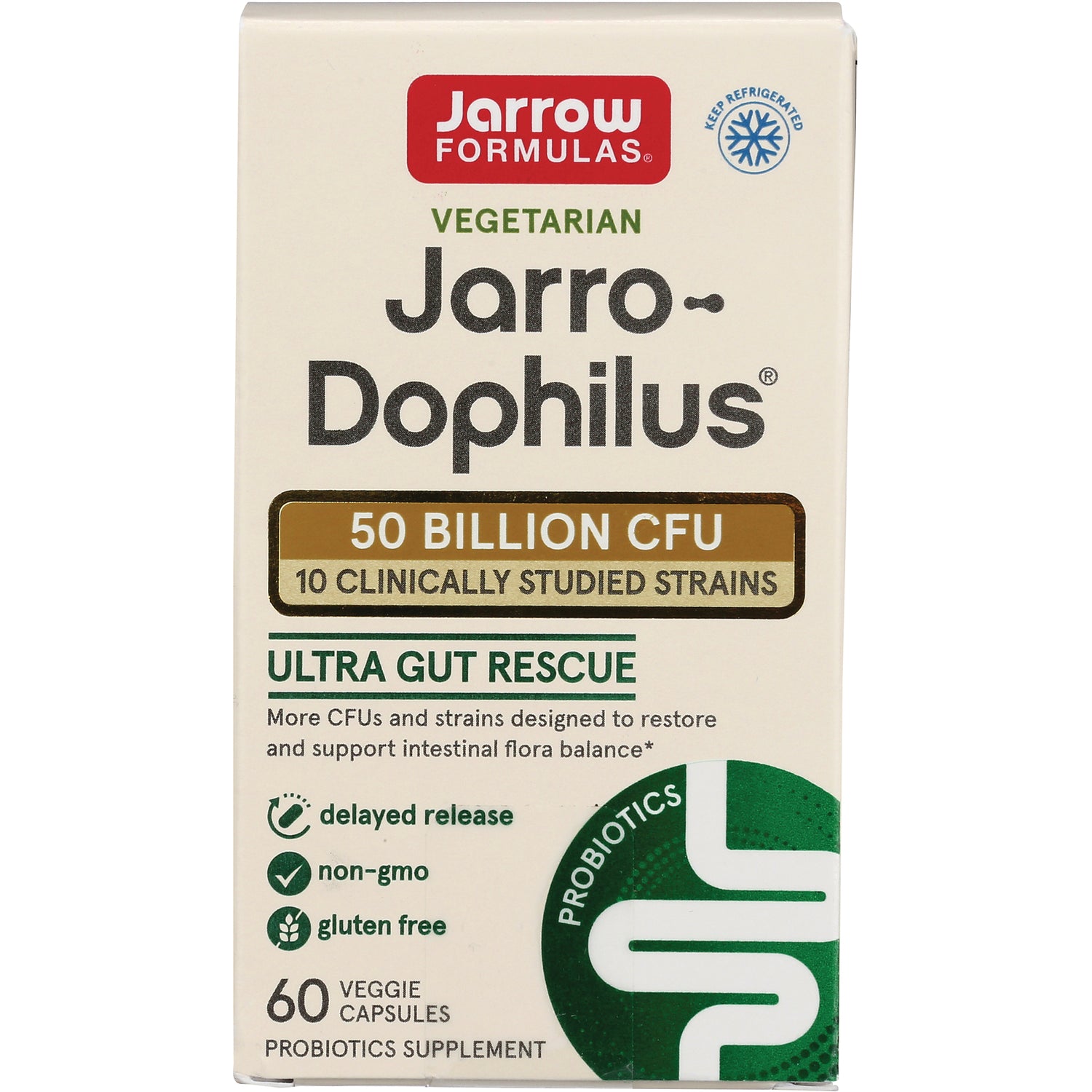 JR133 | Jarrow Formulas Jarro-Dophilus 50 billion CFU probiotic box, 60 veggie capsules, front of package