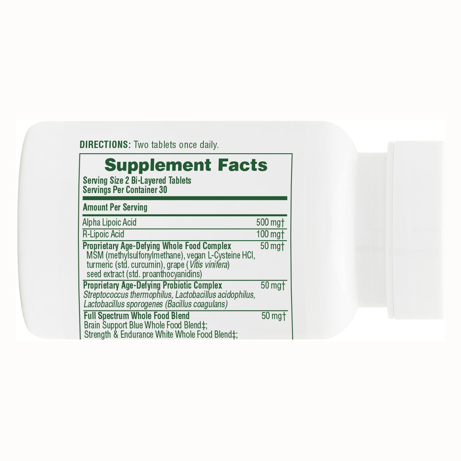 NTP119 | Supplement facts panel and directions on back of white supplement bottle showing serving size and ingredients