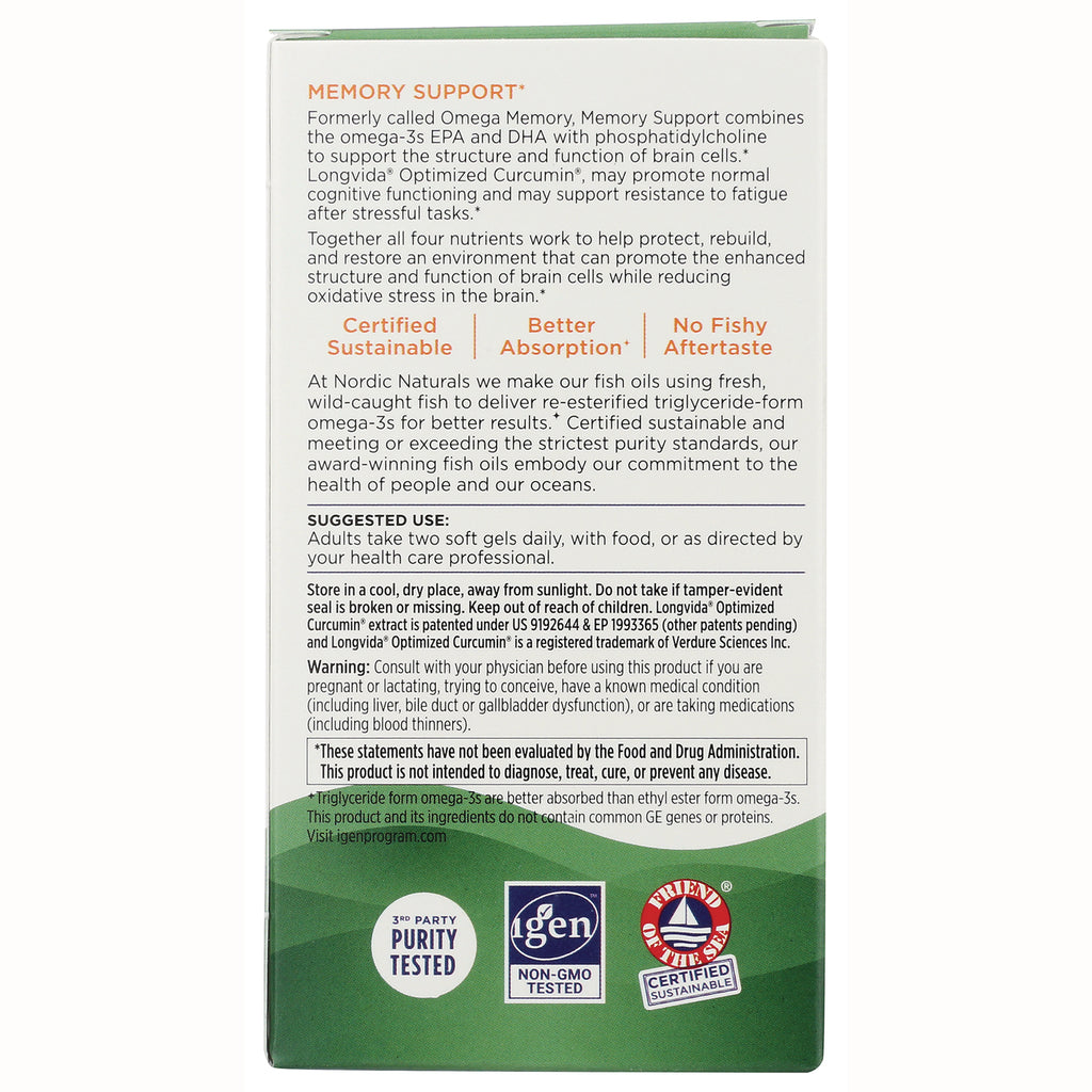NRN083 | Back of Nordic Naturals Memory Support supplement box showing suggested use, warnings, and certification logos - Thumbnail