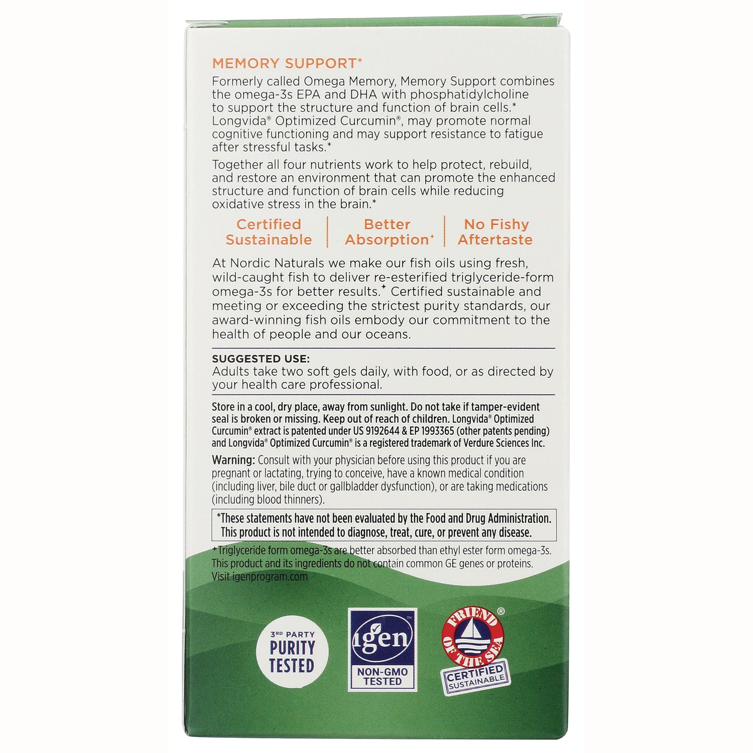 NRN083 | Back of Nordic Naturals Memory Support supplement box showing suggested use, warnings, and certification logos