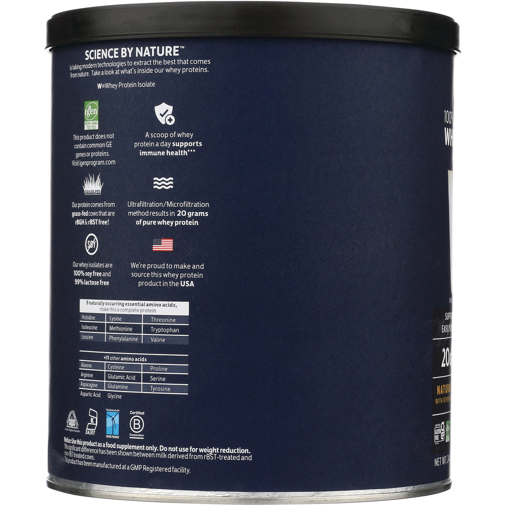 CRL164 | Back of navy whey protein can showing ingredient icons, amino acid table, and sourcing information - Thumbnail