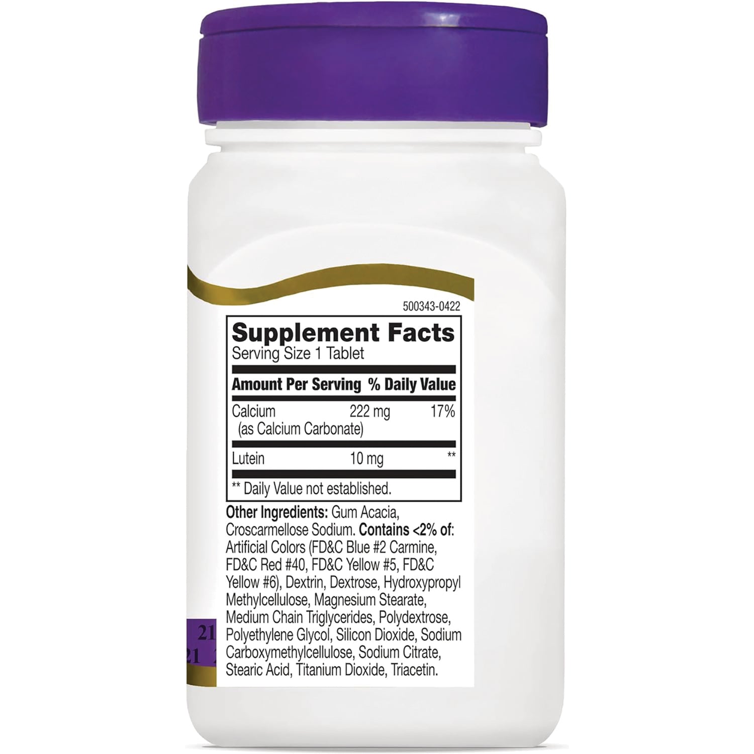 CNT096 | back of white supplement bottle showing Supplement Facts label listing Calcium 222 mg and Lutein 10 mg
