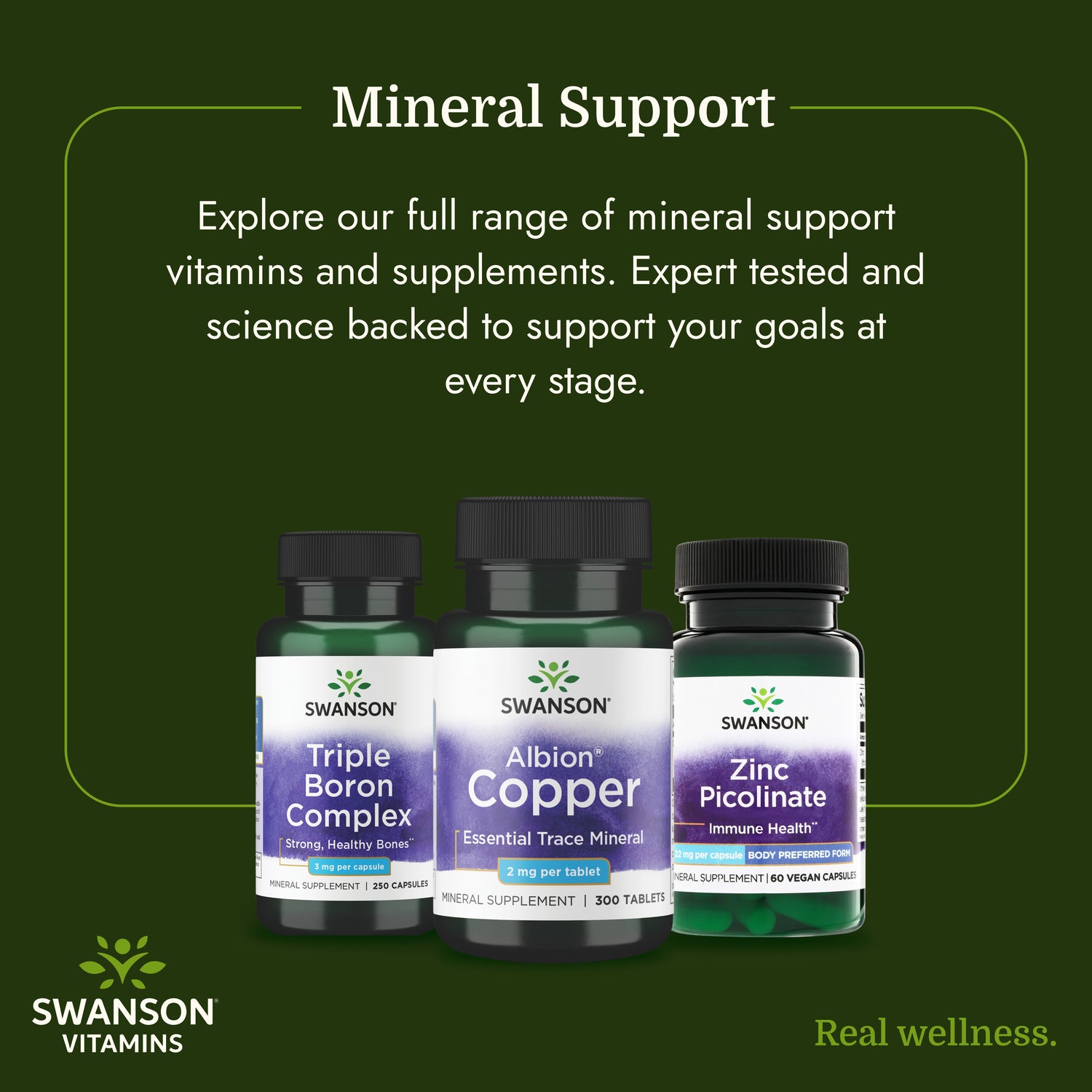 SW223 | Swanson mineral support supplements with Triple Boron Complex, Albion Copper, and Zinc Picolinate