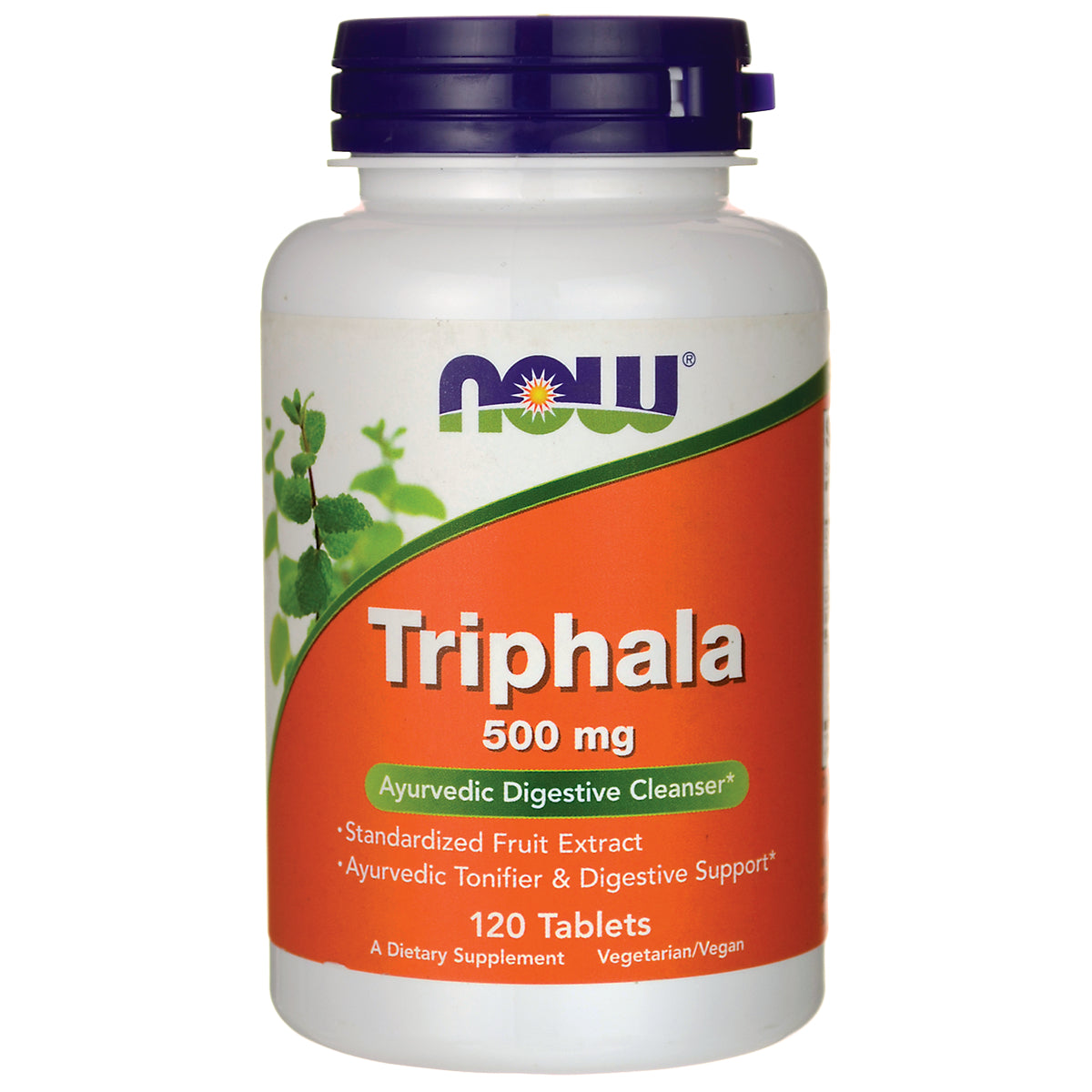 NWF641 | NOW Triphala 500 mg supplement bottle with orange label, 120 tablets