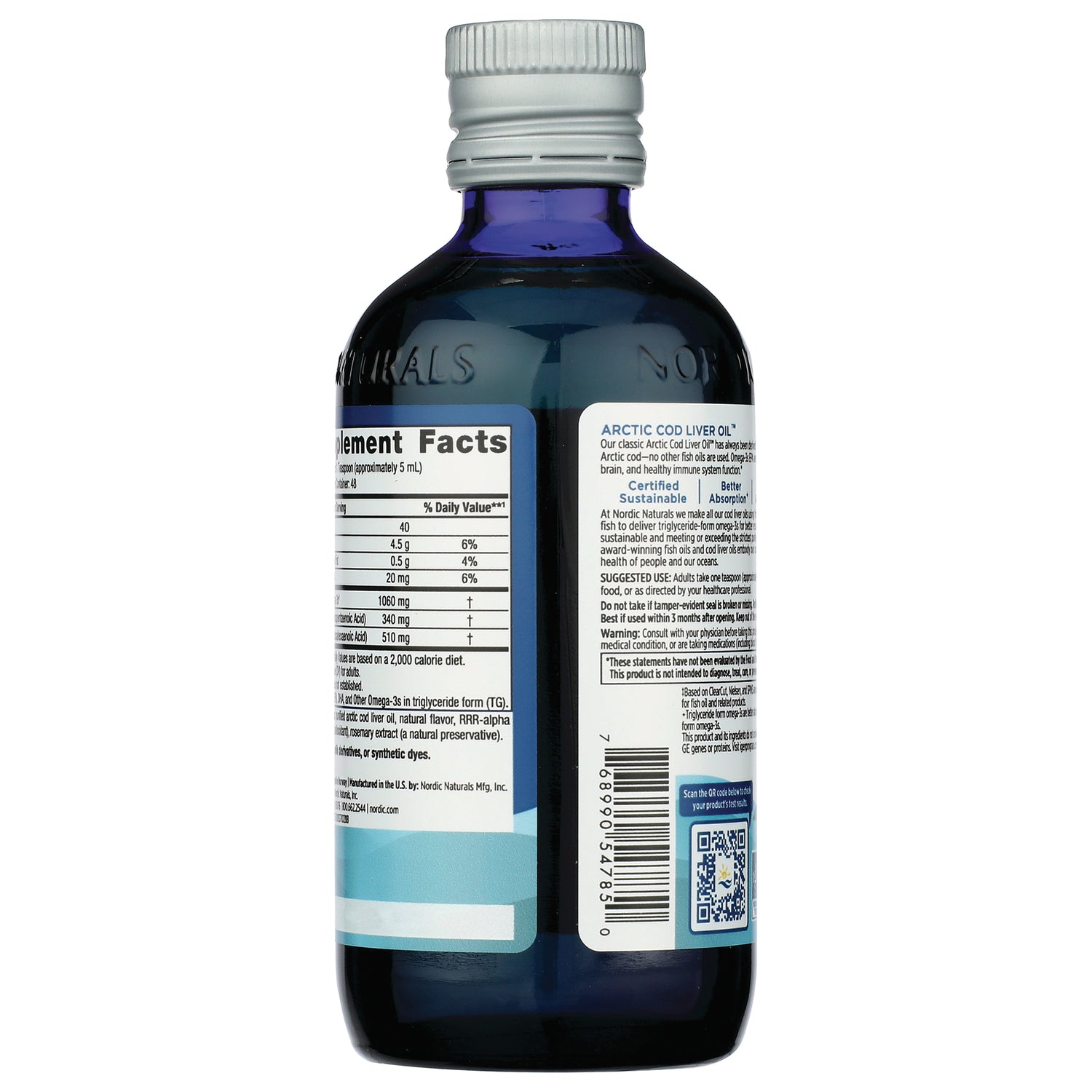 NRN073 | Back of dark blue bottle showing Supplement Facts panel, Arctic Cod Liver Oil label, barcode and QR code