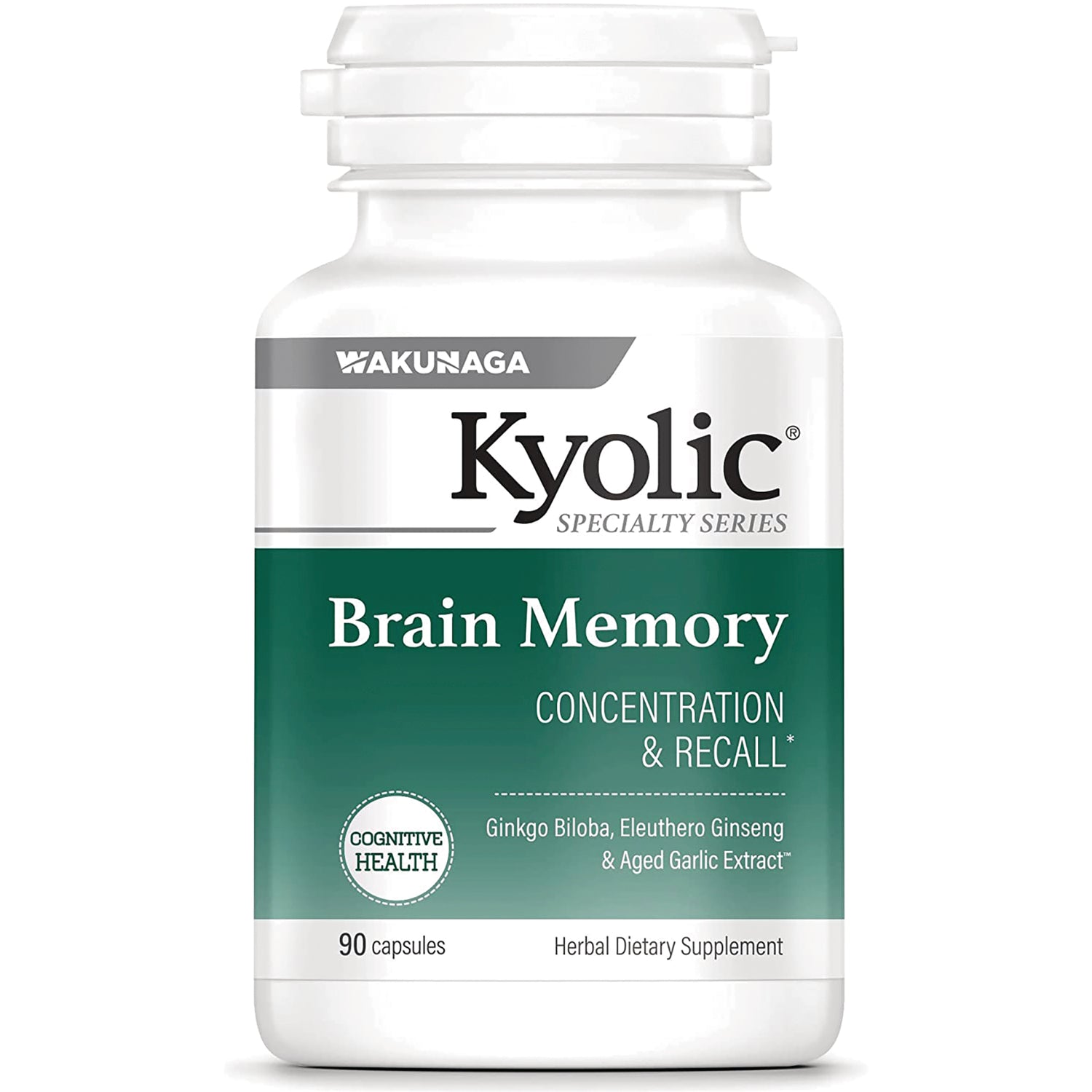 KY030 | White Kyolic Brain Memory supplement bottle labeled Concentration & Recall, 90 capsules