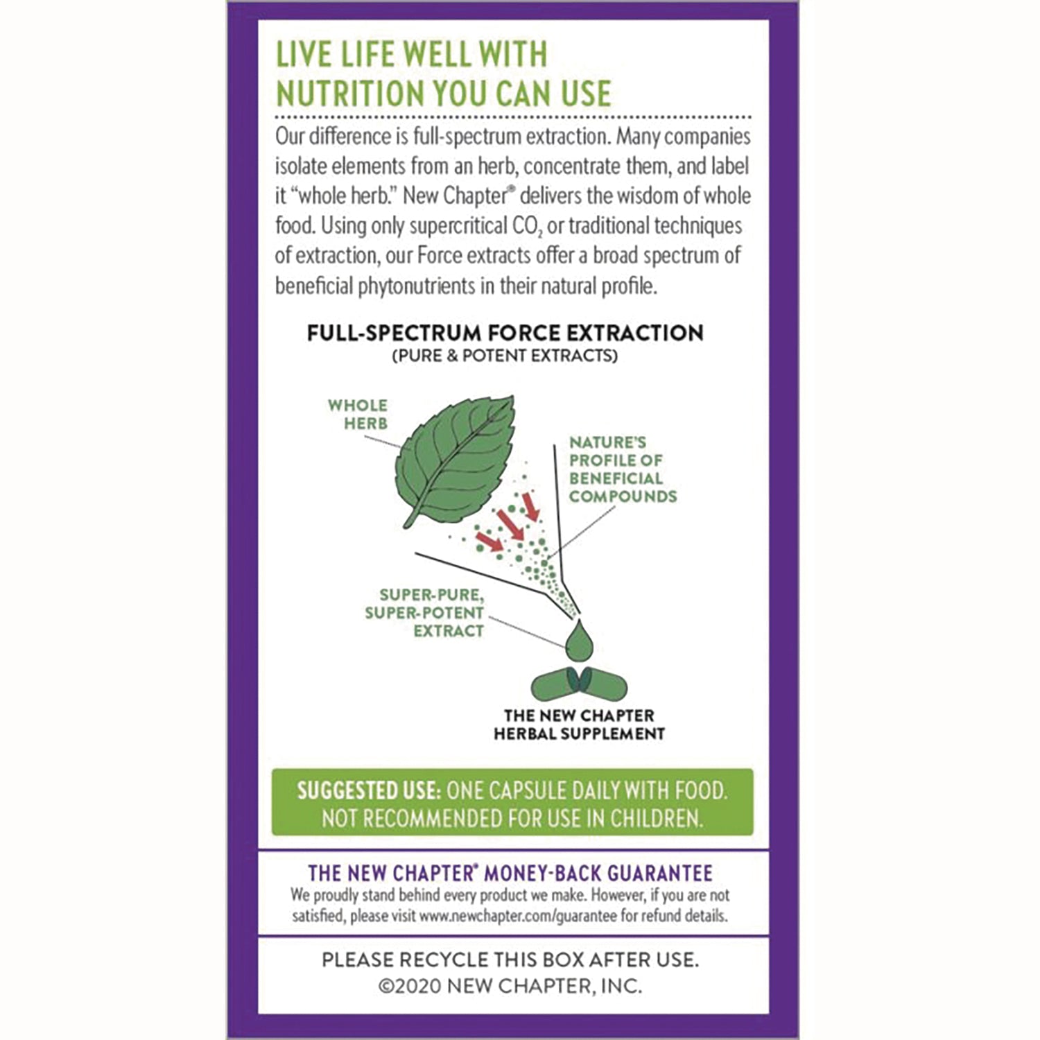 NWC288 | back panel with extraction infographic, suggested use one capsule daily with food, and recycle notice