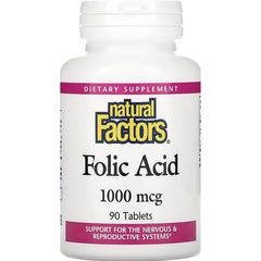 NFC003 | Natural Factors Folic Acid 1000 mcg bottle front label showing 90 Tablets dietary supplement