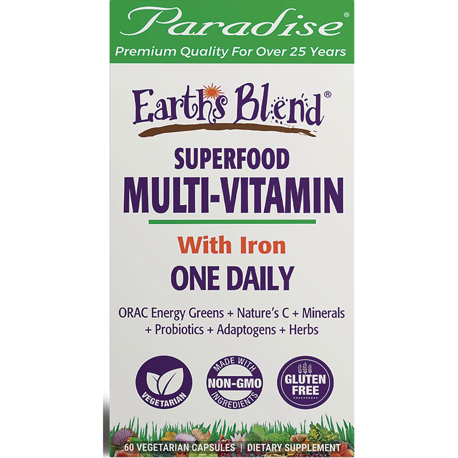 PRH011 | Earth's Blend Superfood Multi-Vitamin with Iron box front, One Daily, vegetarian non-GMO gluten free