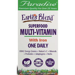 PRH011 | Earth's Blend Superfood Multi-Vitamin with Iron box front, One Daily, vegetarian non-GMO gluten free