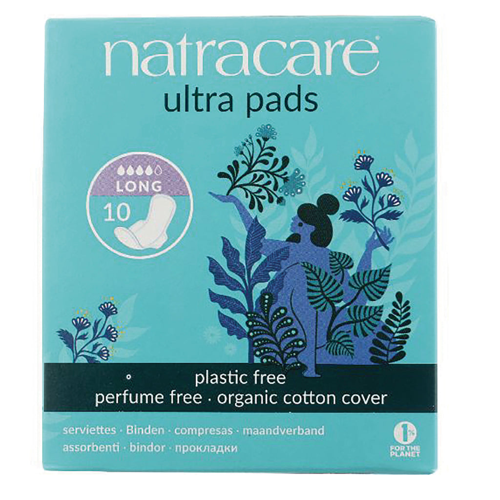NCR010 | Natracare ultra pads long 10 pack teal box with botanical illustration labeled plastic free perfume free organic cotton cover - Thumbnail