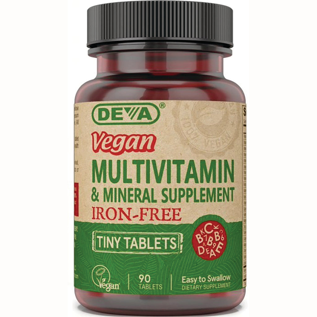 DEV044 | DEVA Vegan multivitamin and mineral supplement bottle, iron-free tiny tablets, 90-count - Thumbnail