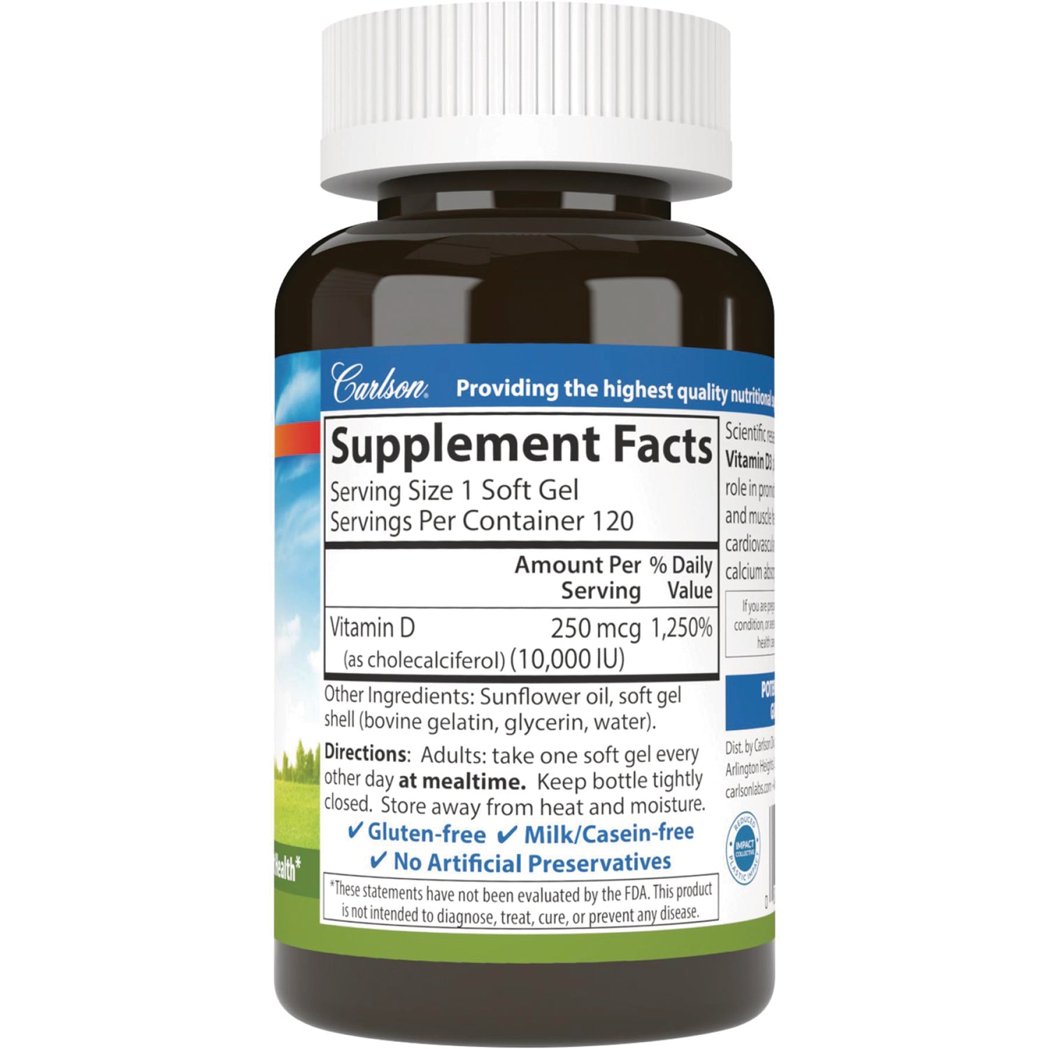 CSN191 | Supplement Facts label: Vitamin D 250 mcg (10,000 IU), serving size 1 soft gel, directions and gluten-free milk/casein-free claims