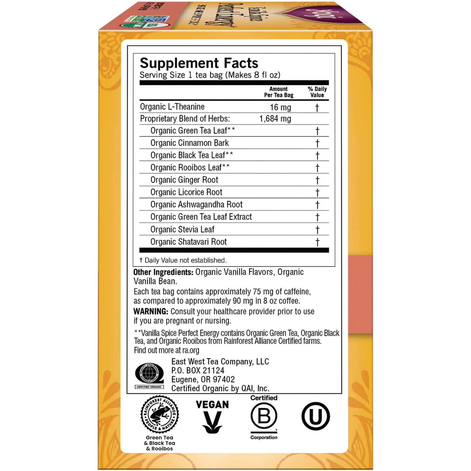 AHW053 | Back panel showing Supplement Facts, ingredient list and certification logos including Vegan and B Corporation