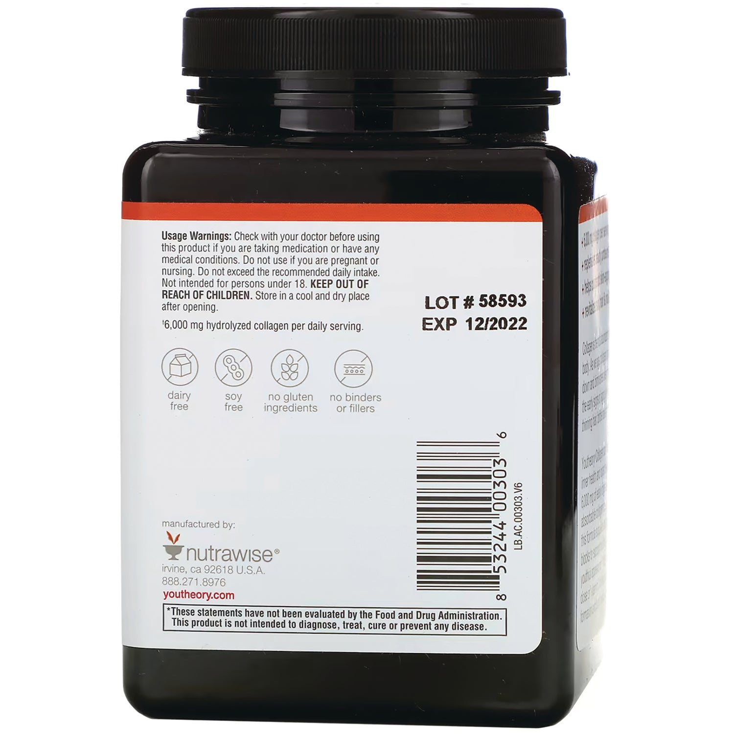 YOU001 | Back label with usage warnings, icons 'dairy free, soy free, no gluten, no binders', LOT 58593, EXP 12/2022