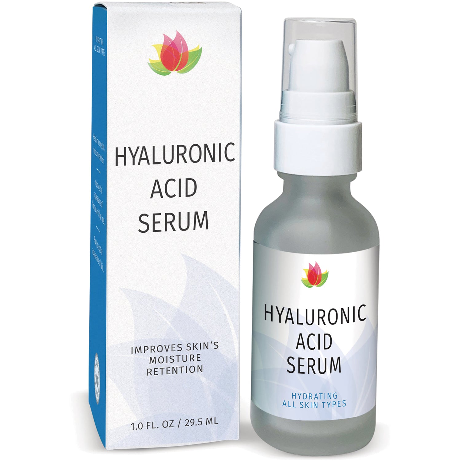 RV028 | HYALURONIC ACID SERUM pump bottle and matching box showing front label and 1.0 fl oz size, hydrating for all skin types