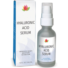 RV028 | HYALURONIC ACID SERUM pump bottle and matching box showing front label and 1.0 fl oz size, hydrating for all skin types