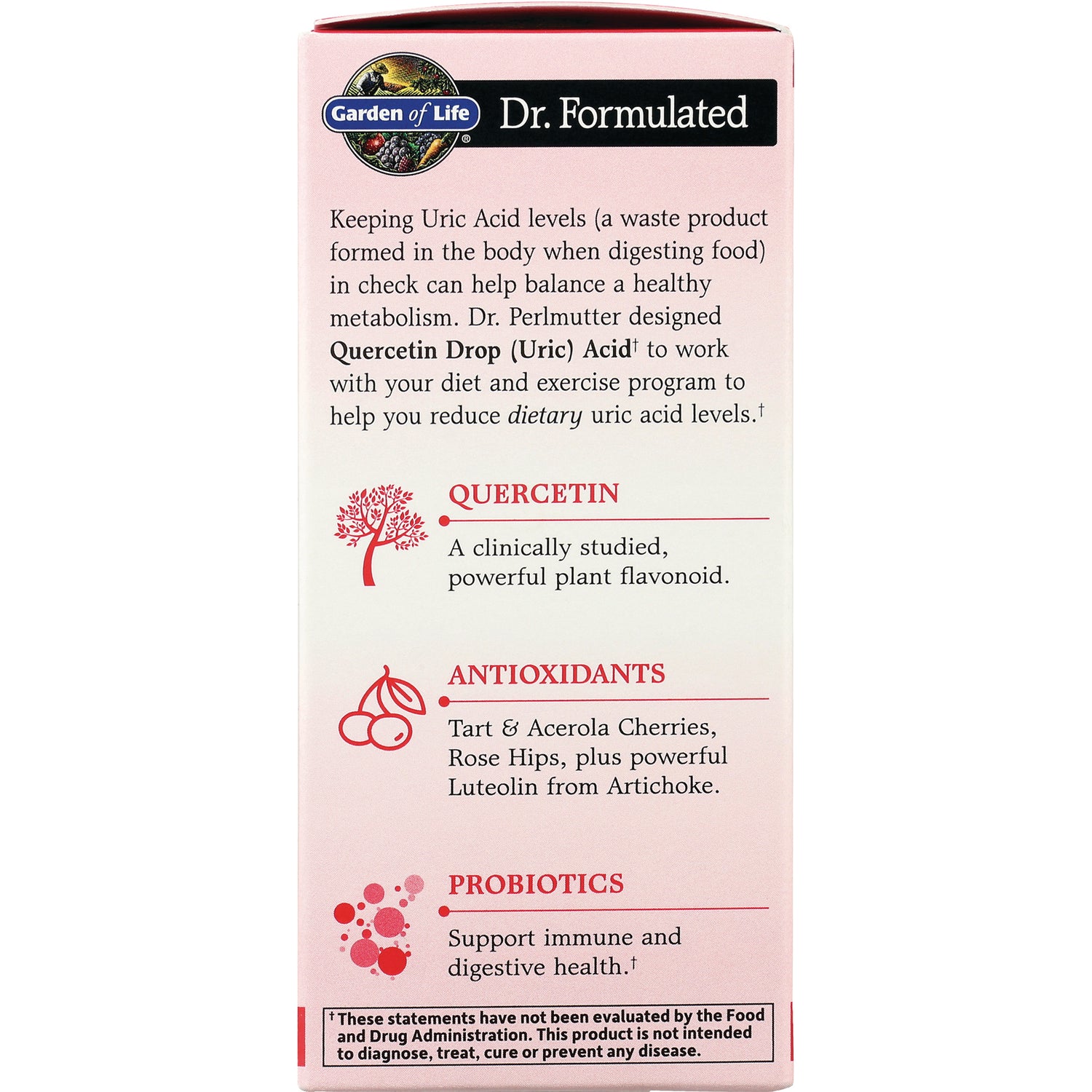 GLF362 | Dr. Formulated product infographic panel listing quercetin, antioxidants, probiotics and brief benefits