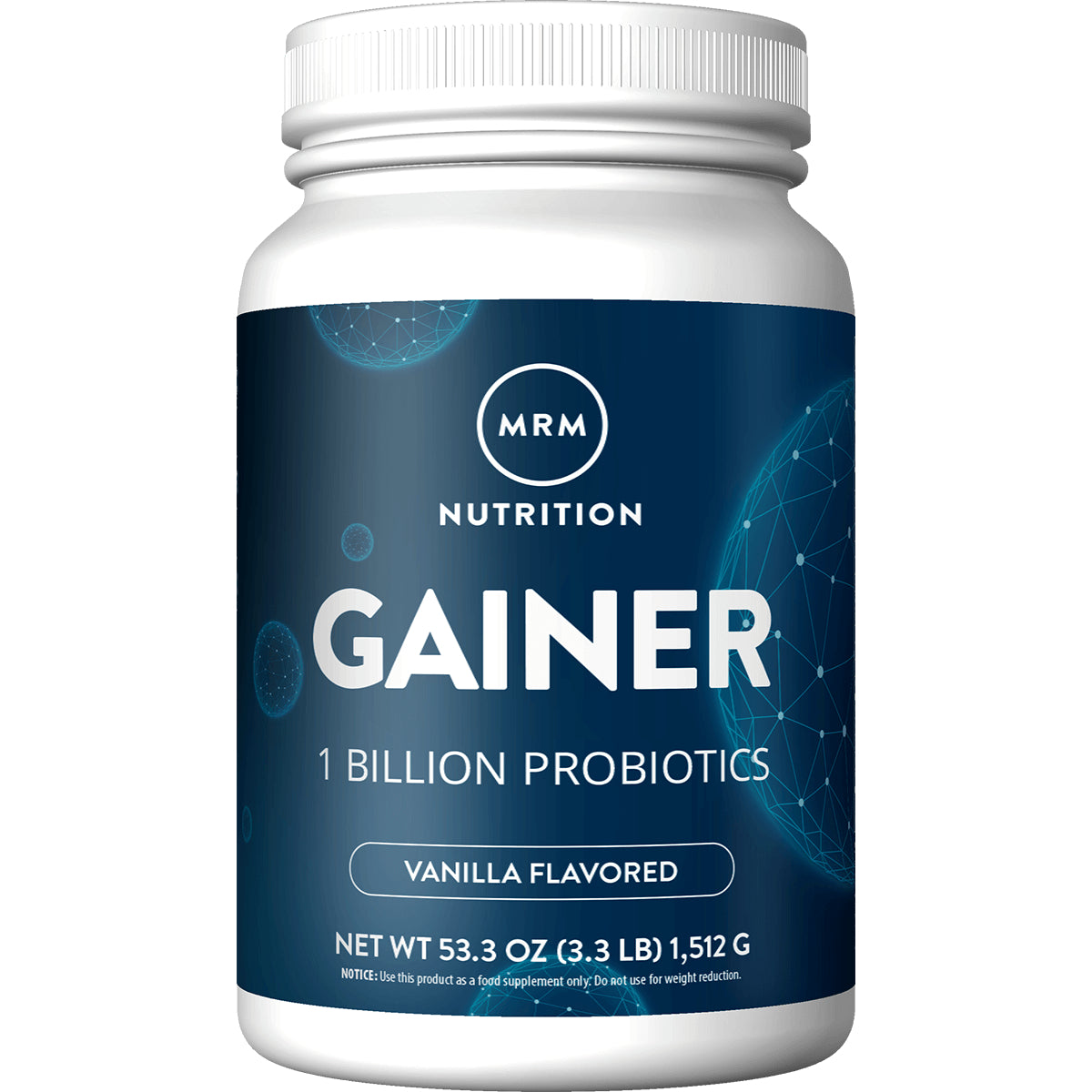 MRM046 | MRM Nutrition GAINER vanilla flavored supplement jar front label 1 billion probiotics