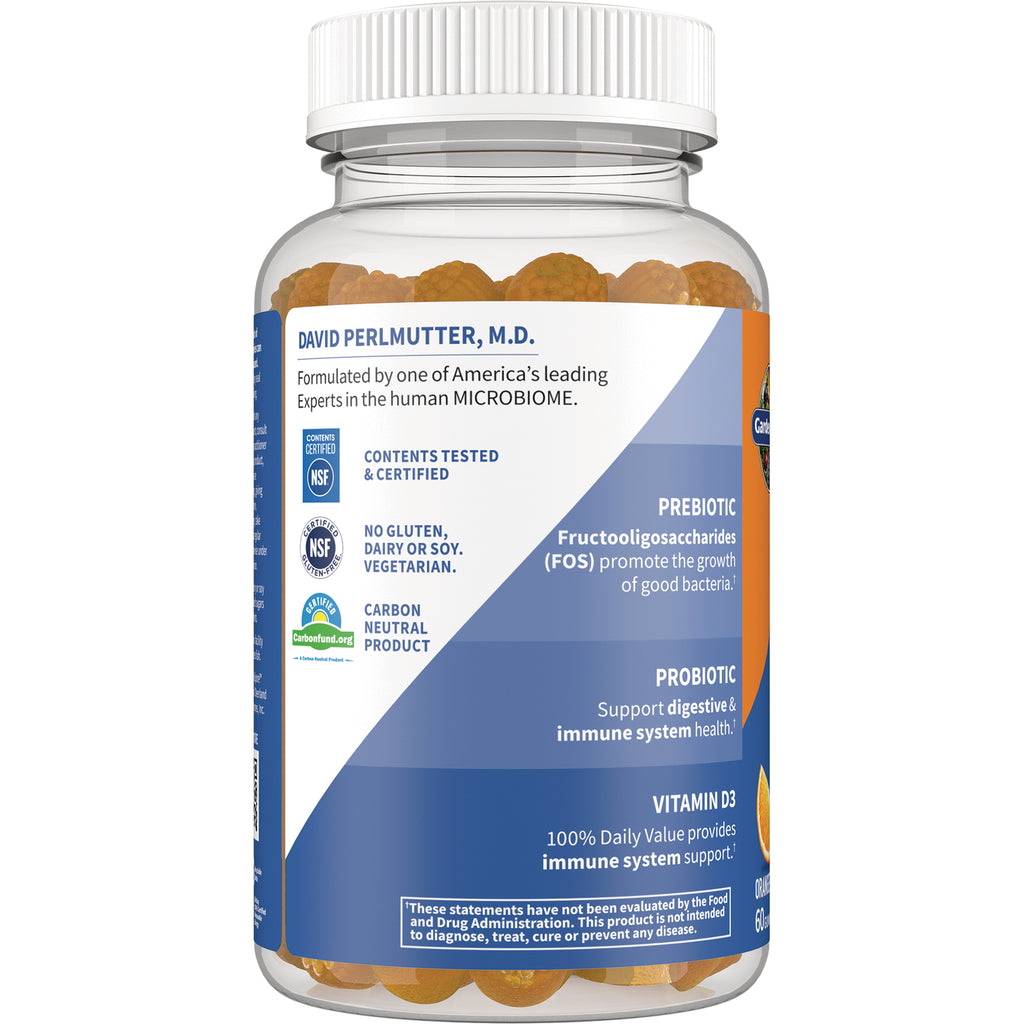 GLF367 | Back label of clear bottle with orange gummies, text DAVID PERLMUTTER, M.D., prebiotic, probiotic, vitamin D3 and certification icons - Thumbnail