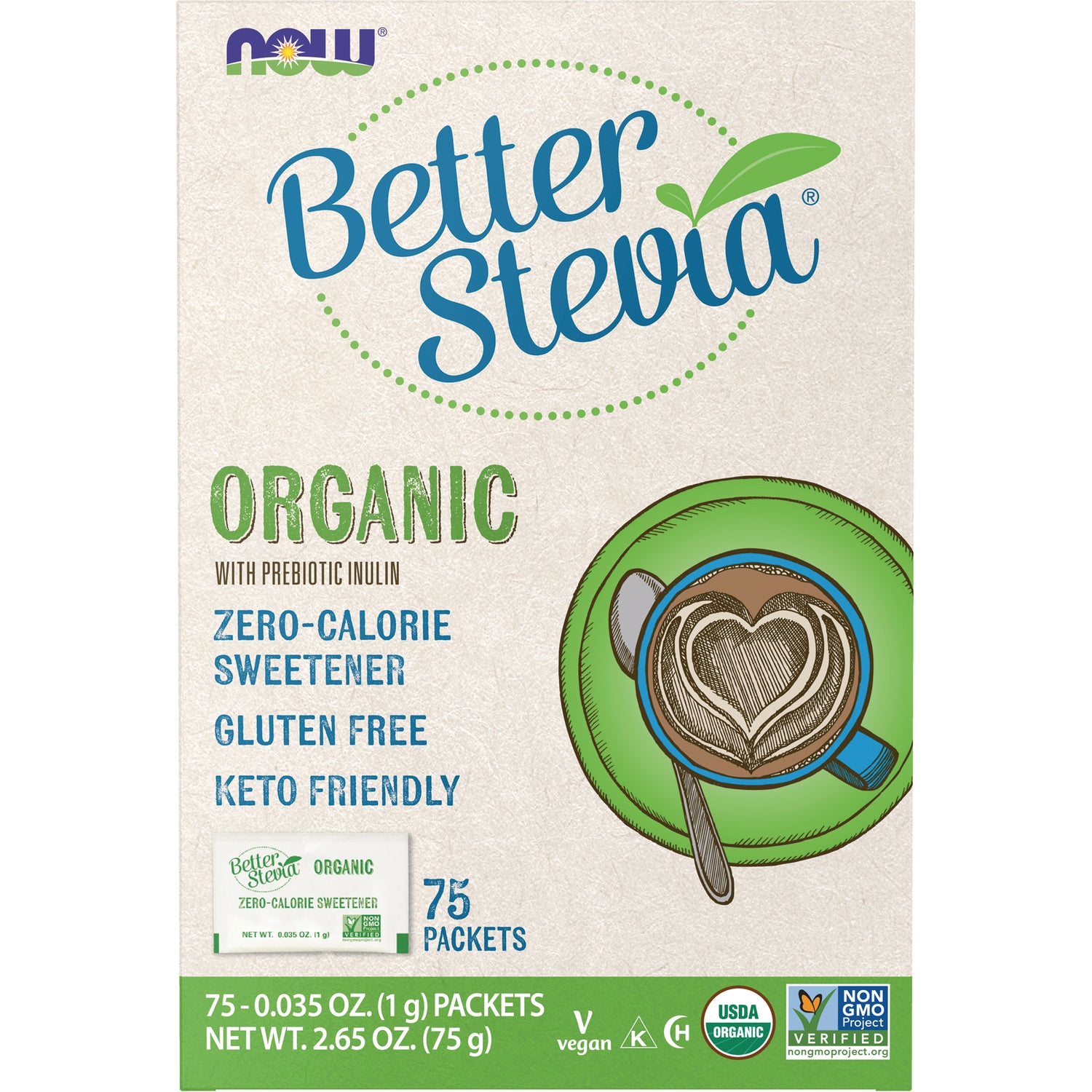 NWF979 | Better Stevia organic zero-calorie sweetener box, 75 packets, cup illustration