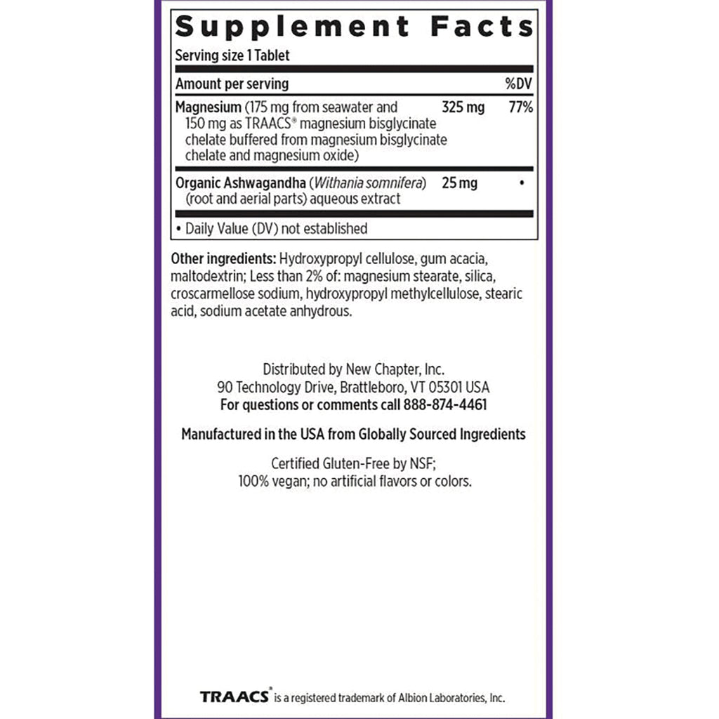 NWC388 | Supplement Facts back label listing serving size 1 tablet, Magnesium 325 mg, Organic Ashwagandha 25 mg, ingredients and distributor info - Thumbnail