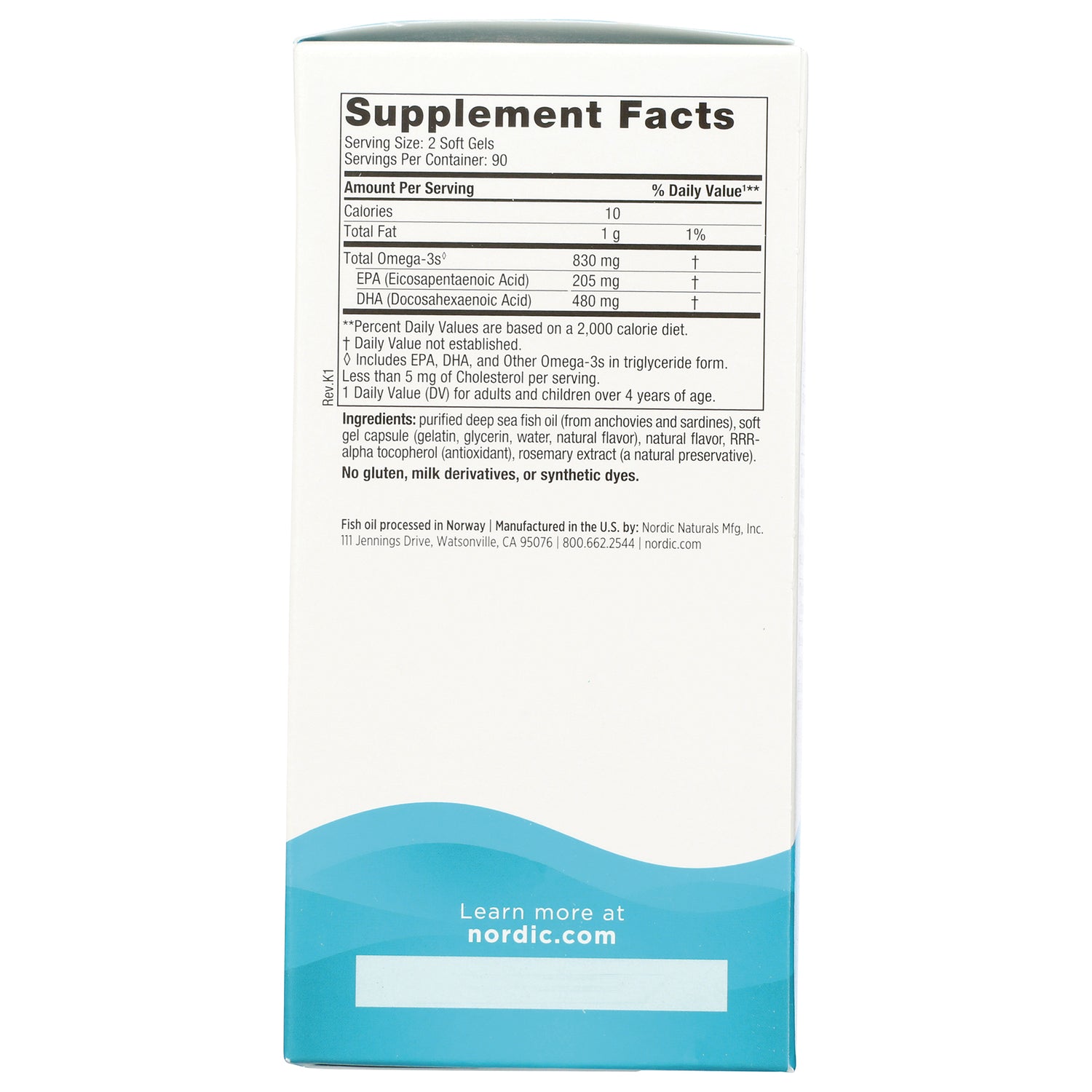 NRN024 | Back of supplement box showing Supplement Facts panel and ingredients for fish oil soft gels