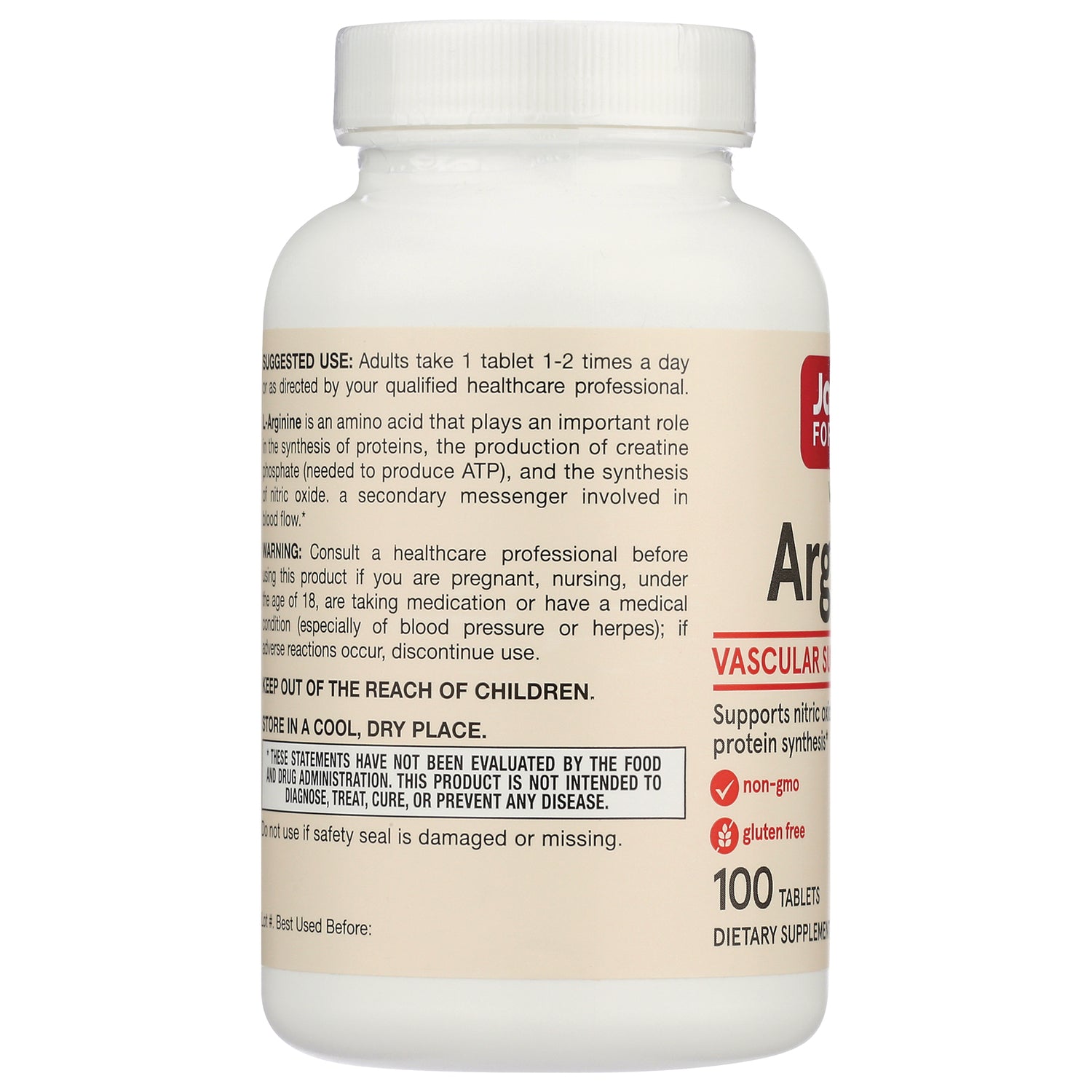 JR026 | back label of white supplement bottle showing suggested use, warnings, non-GMO and gluten-free icons and 100 tablets